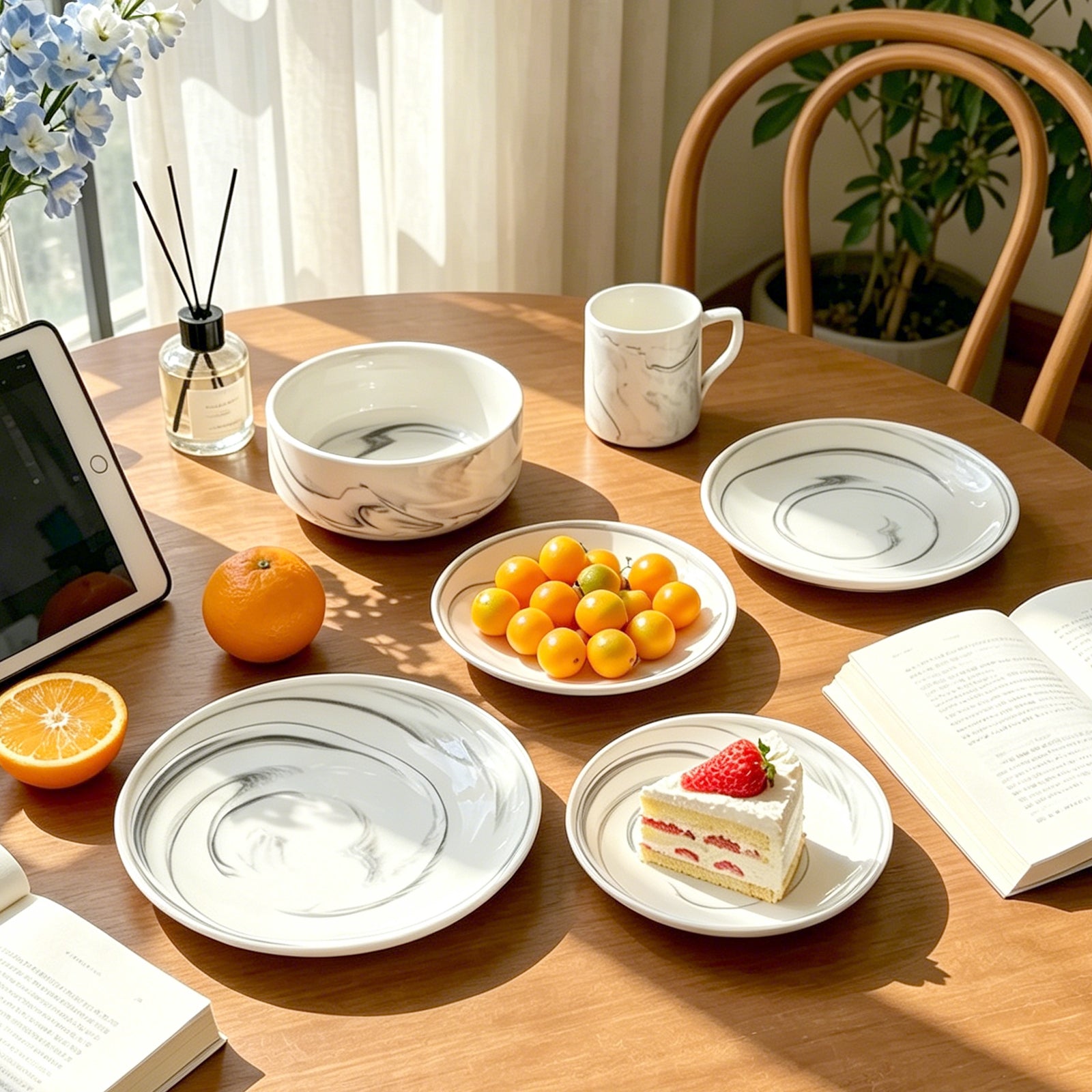 A styled dining table scene with multiple white ceramic plates and a mug featuring a gray marble swirl pattern. The table is set with fruit, an open book, a tablet, a reed diffuser, and a small dessert plate.
