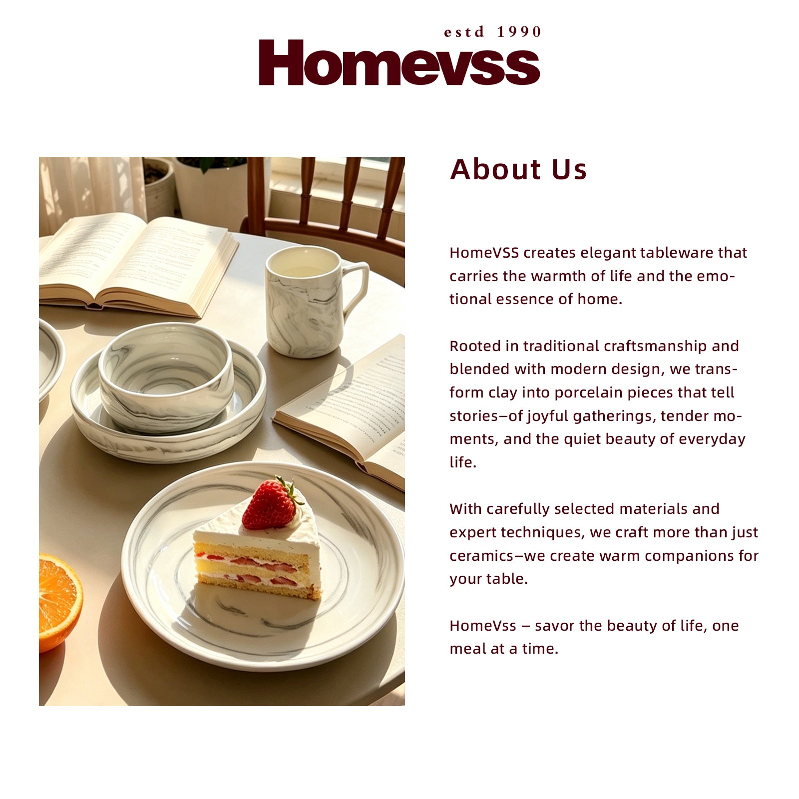 A promotional graphic for Homevss tableware, featuring a lifestyle photograph of a ceramic table setting on the left and a text section on the right detailing the brand's history and philosophy.