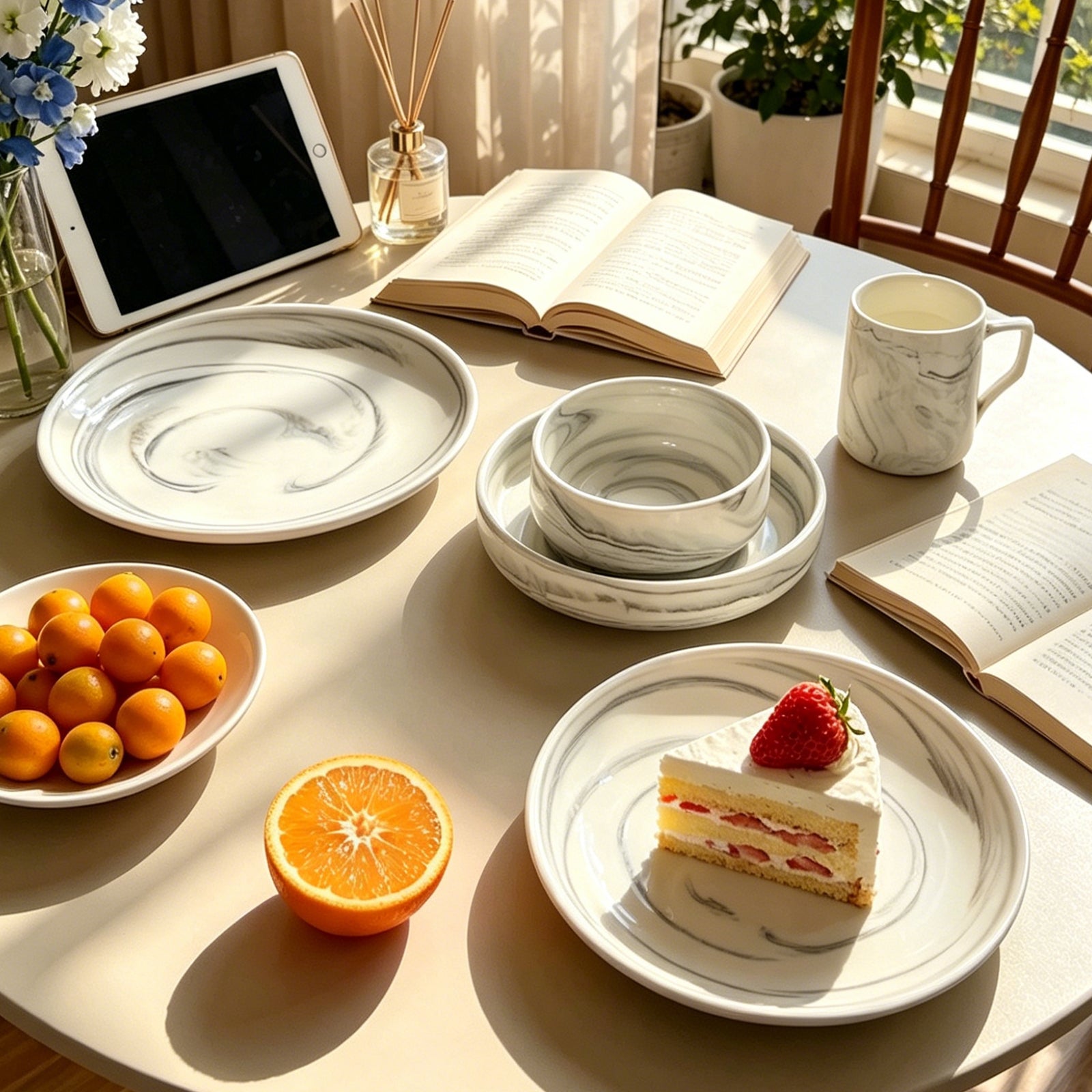 A styled tabletop scene with a marble-look dinnerware set, including plates, bowls, and a mug, arranged on a beige table with books, fruit, flowers, and a slice of strawberry cake. No person or animal is present, but this is not a clean isolated product shot because it is shown in a real interior setting, so subject_type is Lifestyle.