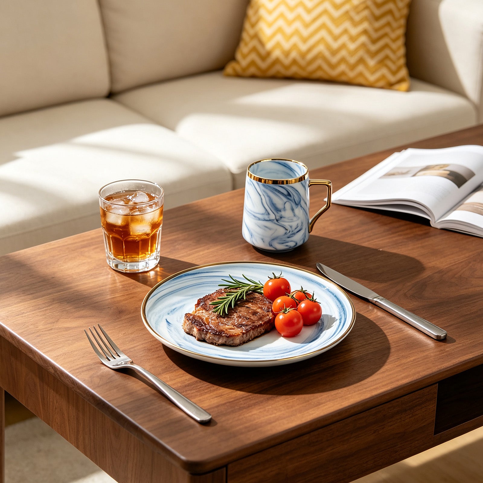HomeVSS blue marble dinner plate beautifully styled with dessert on a table