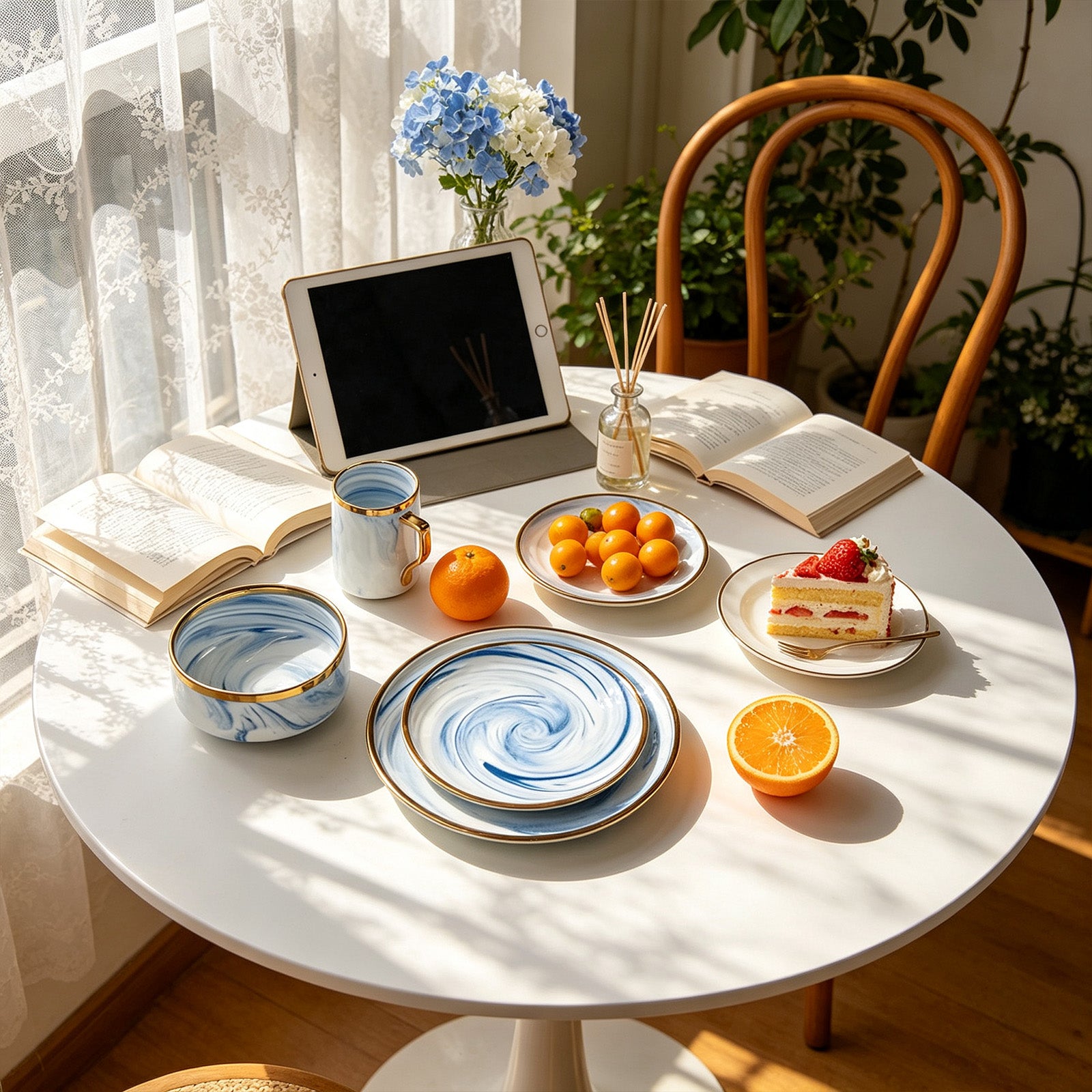 Elegant dining scene featuring HomeVSS blue and gold tableware with floral accents