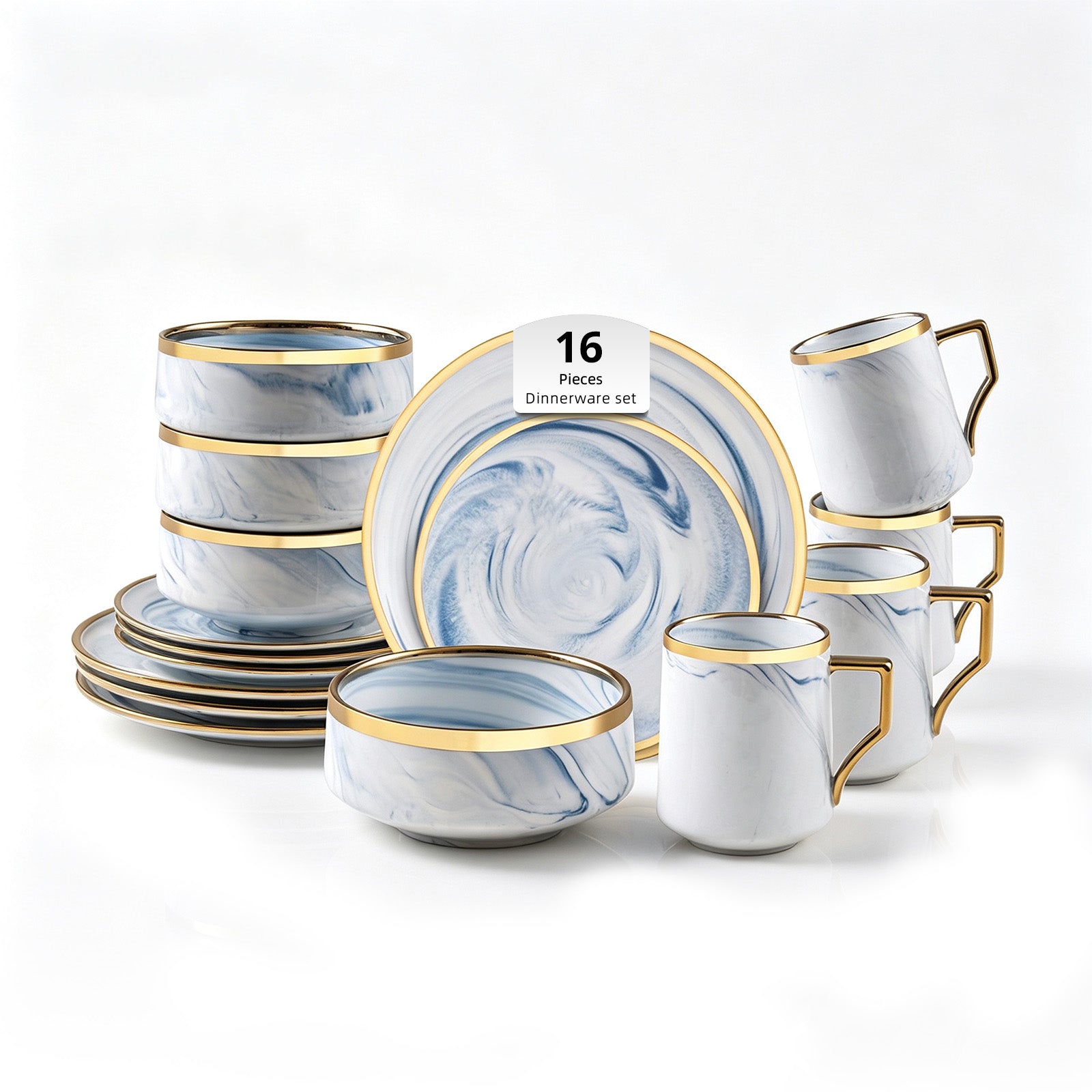HomeVSS blue and gold tableware set, 16-piece marble pattern dish set