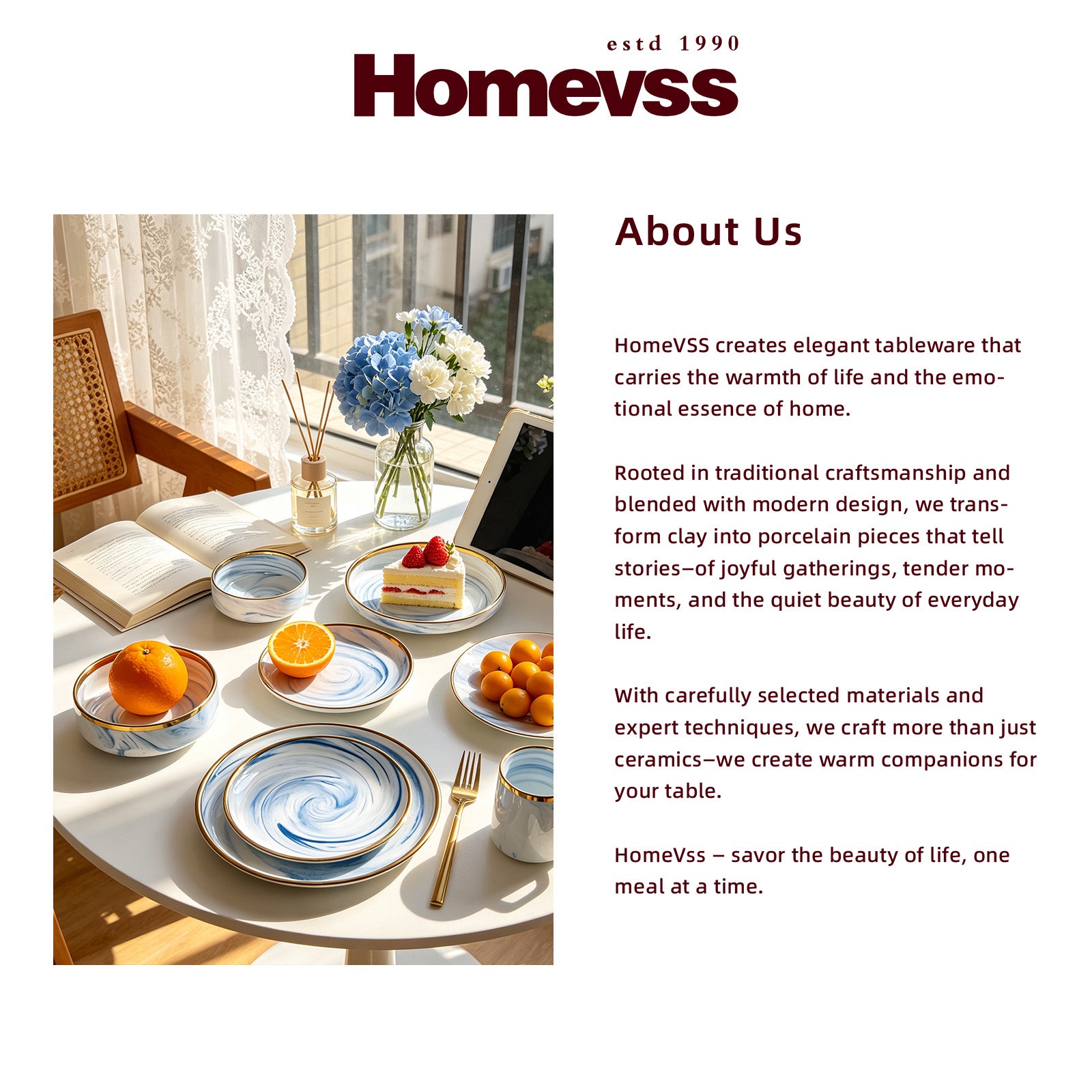A promotional brand graphic for Homevss featuring a lifestyle photograph of a beautifully set dining table with blue and white patterned ceramic plates, alongside a block of text detailing the brand's heritage and philosophy.