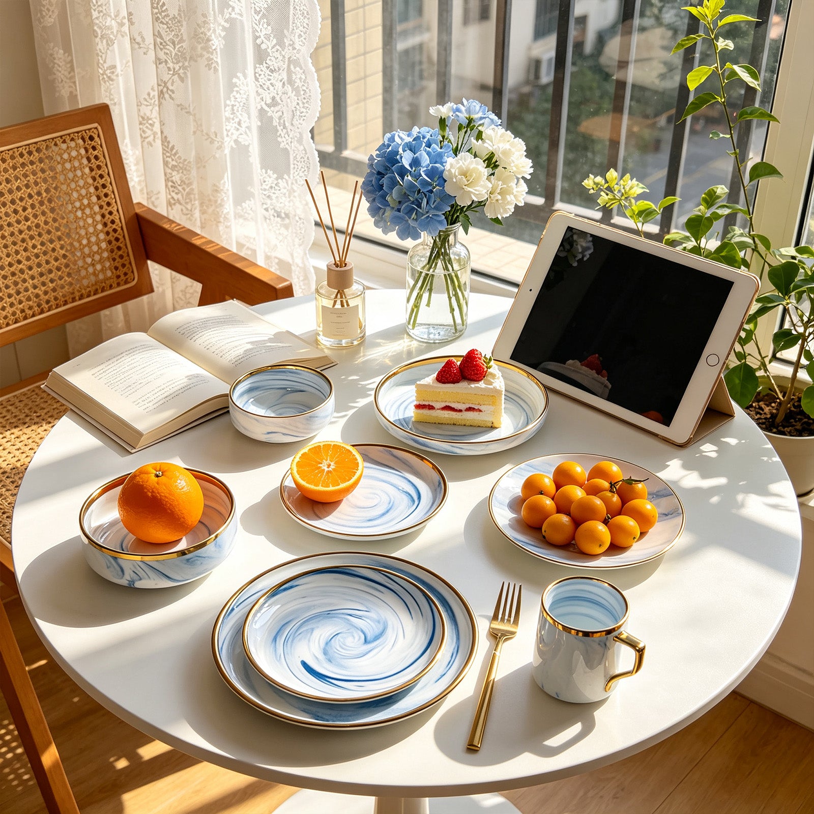 A styled dining table scene in a sunlit room with a white round table, blue-and-white marbled plates and bowls, a blue-and-white mug, oranges, a slice of cake, a tablet, an open book, and flowers near a window.