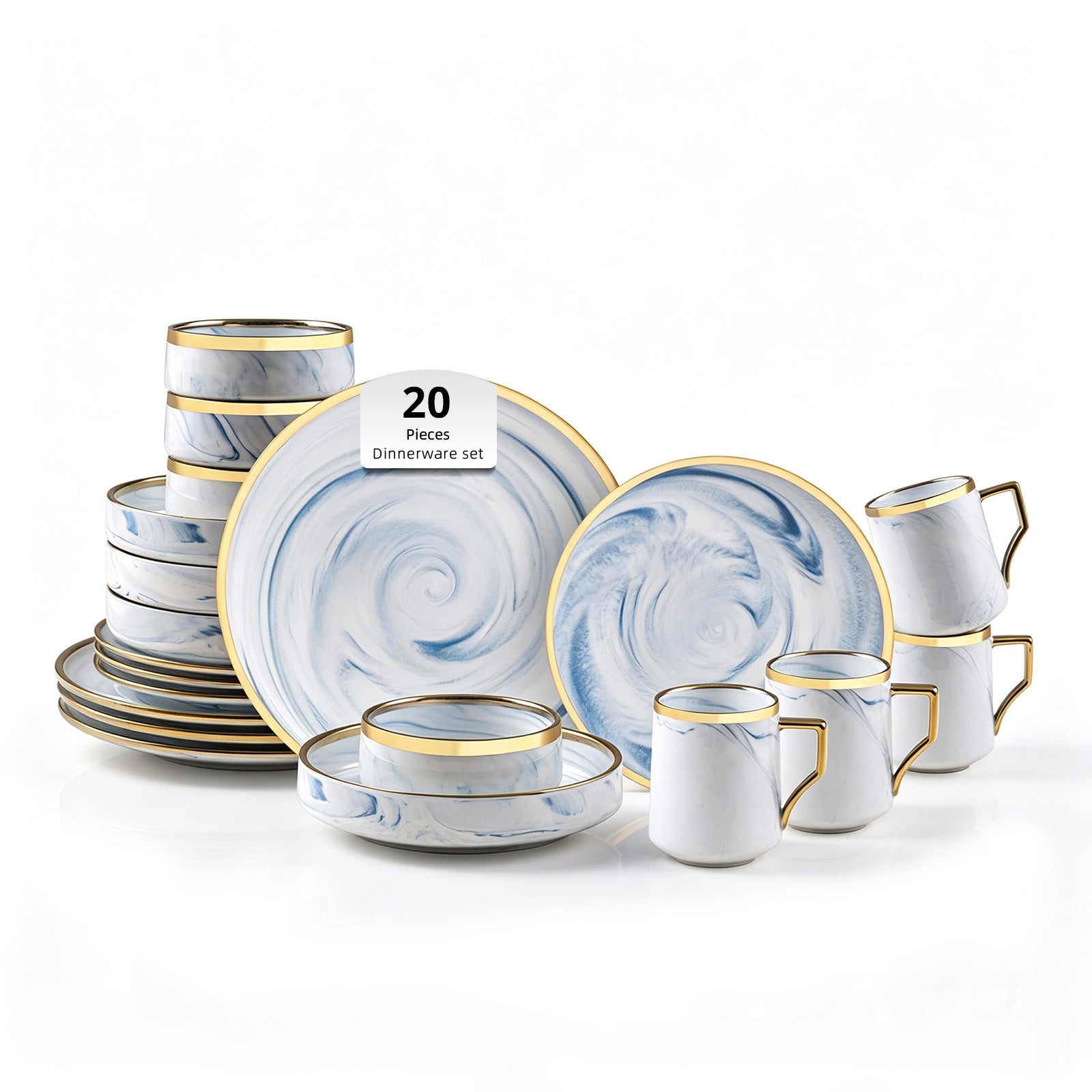A 20-piece white dinnerware set with blue marble swirl patterns and gold trim, including plates, bowls, and mugs, arranged on a white background with a small '20 Pieces Dinnerware set' label.