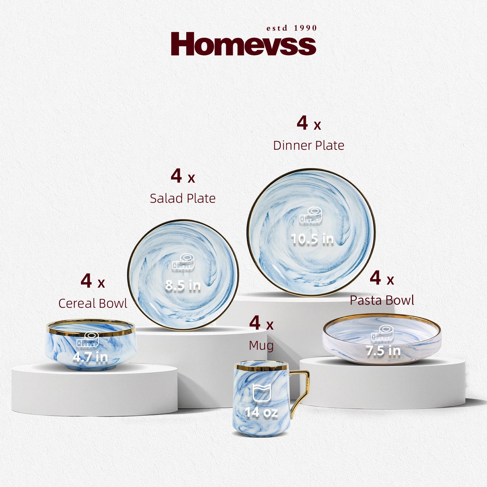 Homevss dinnerware set displayed on white pedestals against a light gray background, including four dinner plates, four salad plates, four pasta bowls, four cereal bowls, and one mug, all in a blue marbled pattern with gold trim.