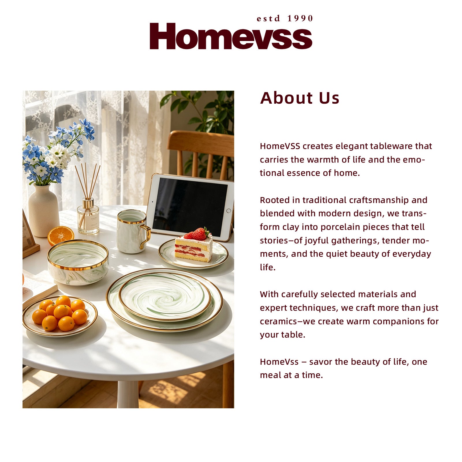 A promotional brand page for Homevss featuring a lifestyle photo of a white ceramic tableware set with gold trim on a sunlit table, alongside 'About Us' text on a white background.