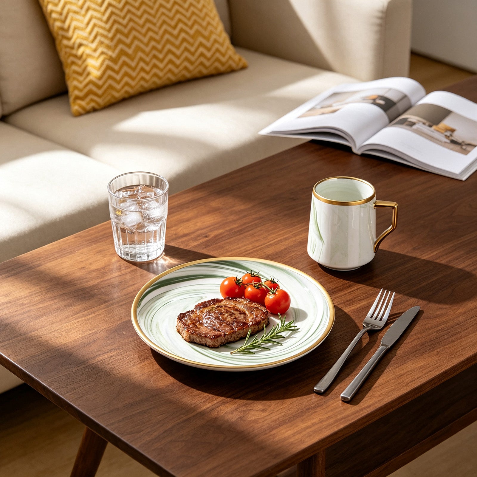A styled dining table scene with a white ceramic plate featuring green leaf patterns and gold trim, holding a steak and cherry tomatoes. The plate is set on a dark wood table alongside a white mug with a gold handle, a glass of water, and a silver fork and knife.