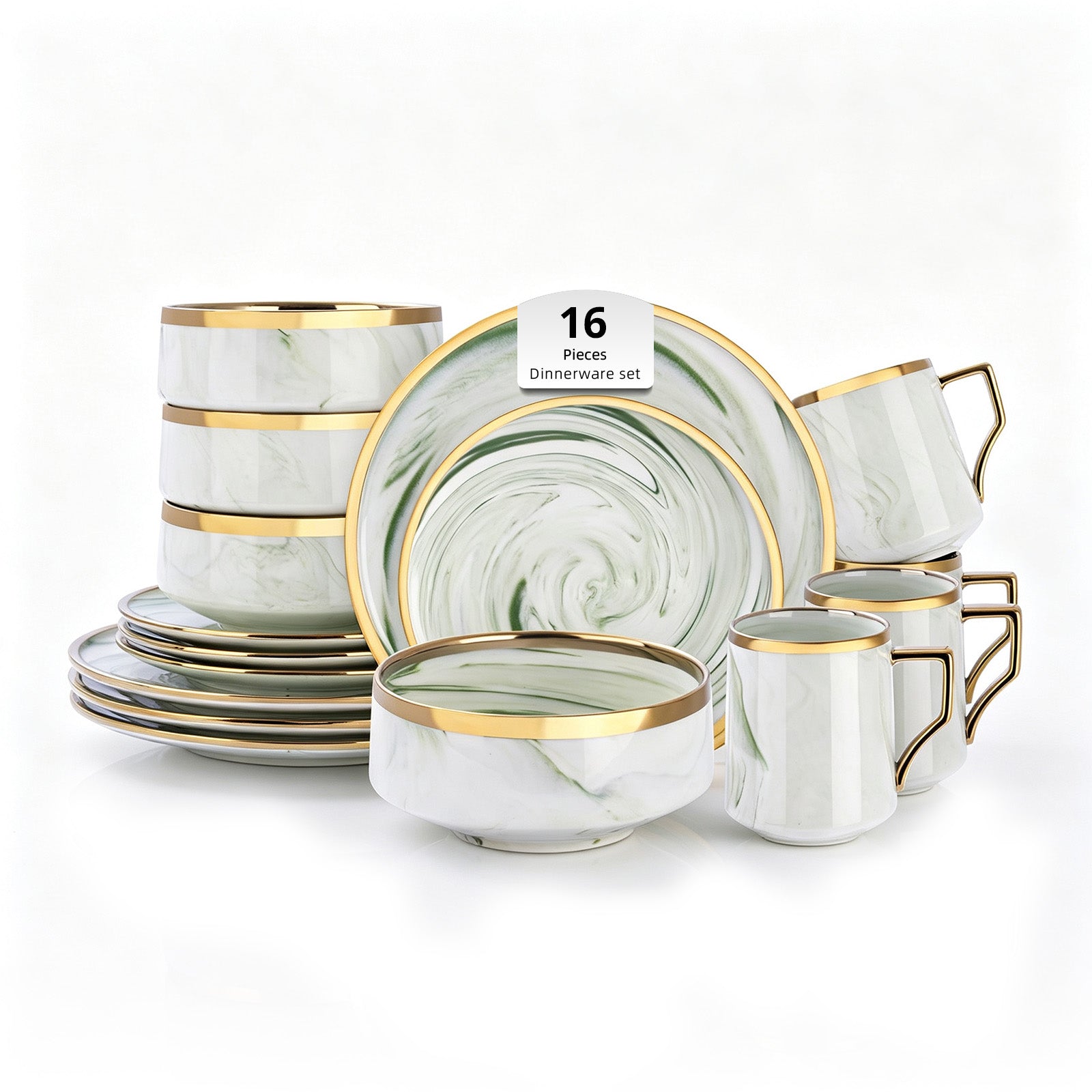 A 16-piece dinnerware set with a white marble pattern and gold trim, including plates, bowls, and mugs, arranged on a white background with a size label sticker.
