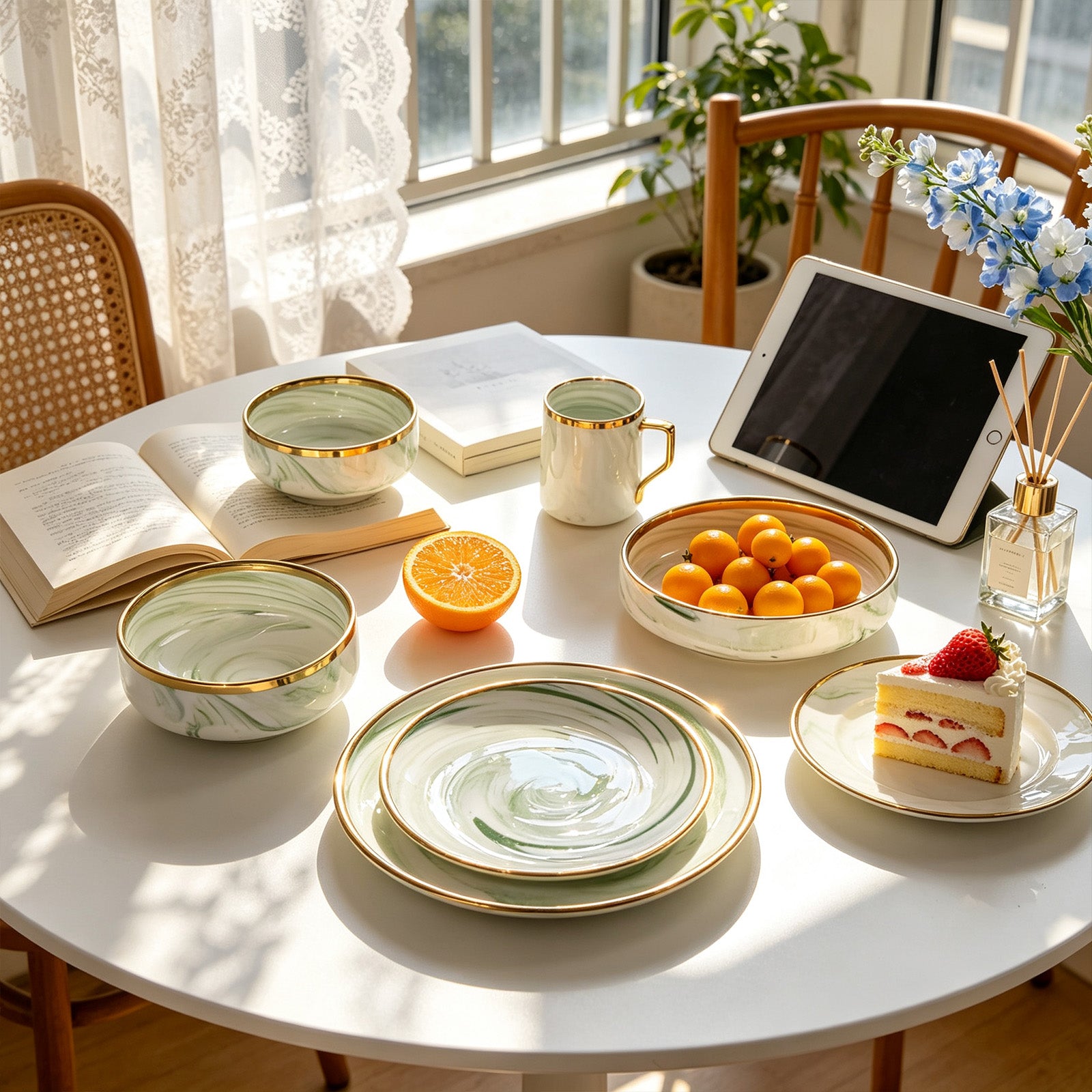 A styled dining table in a bright room with natural sunlight, featuring a coordinated set of ceramic bowls, plates, and a mug with a green marble pattern and gold trim. Props include an open book, a tablet, a slice of strawberry cake, and a bowl of small oranges.