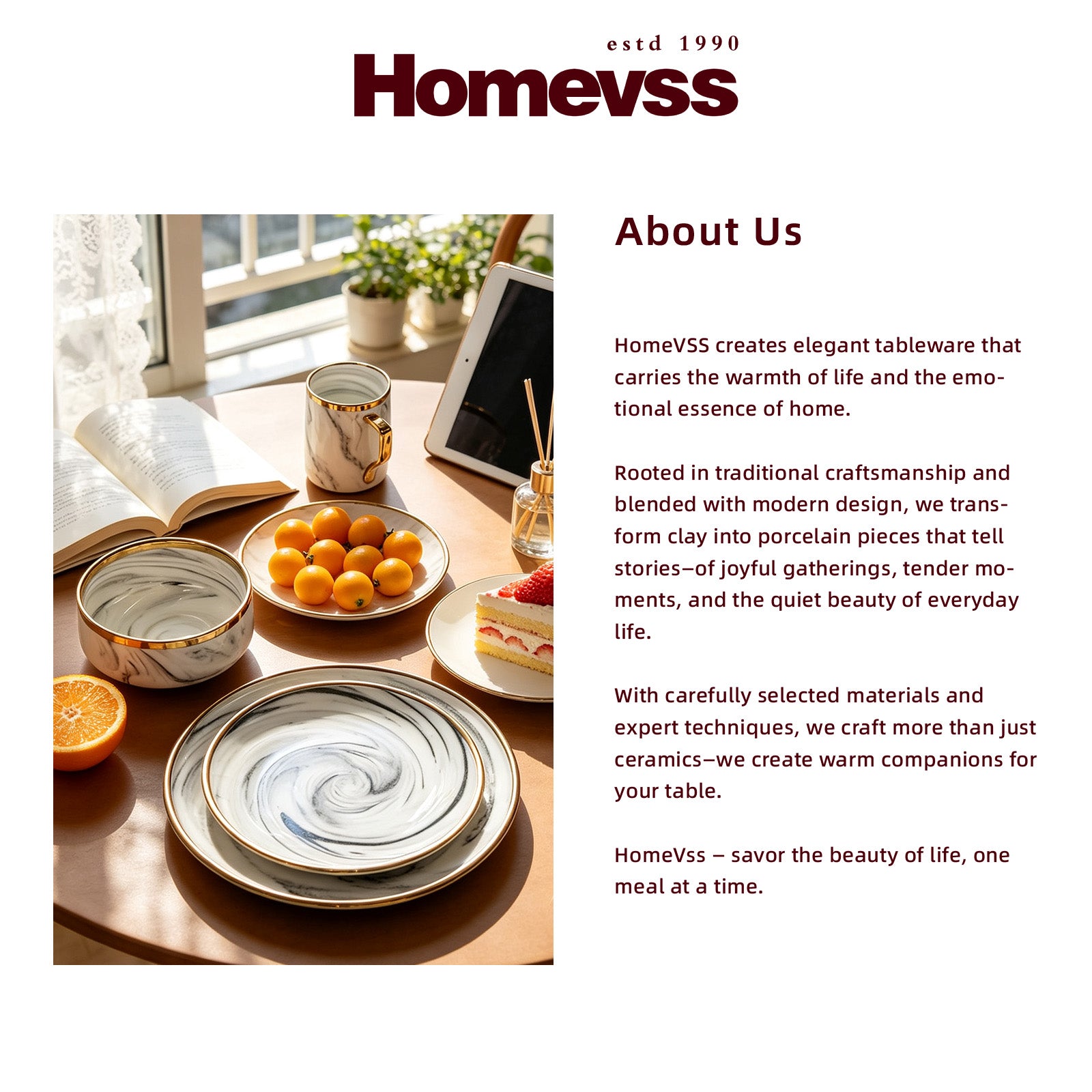 A promotional brand graphic for Homevss featuring a styled tabletop scene with marbled ceramic tableware, including a stack of plates, cups, and a bowl, alongside a tablet and food on a table. The right side includes the Homevss logo, 'estd.