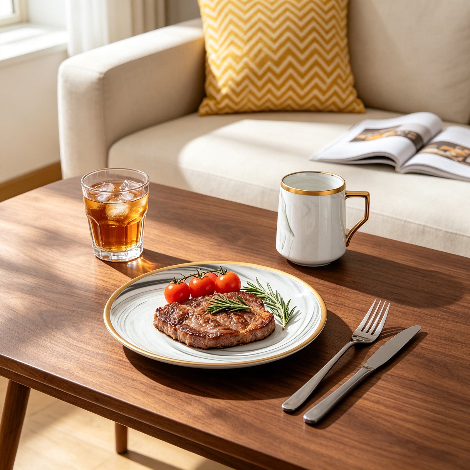 A styled dining table scene in a living room setting, featuring a white ceramic mug with a gold handle and rim, a glass of iced tea, and a plate of steak with cherry tomatoes and rosemary on a wooden coffee table.