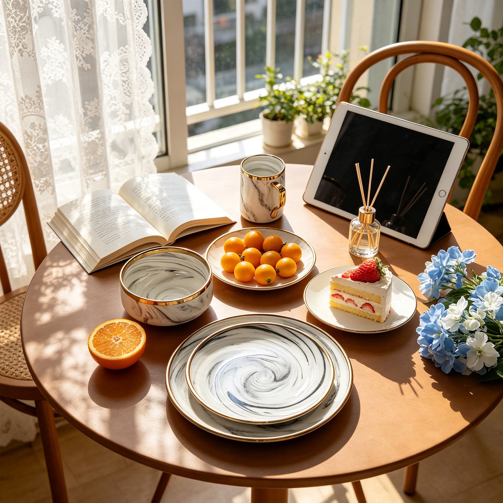 A styled dining table scene in a sunlit room with a round wooden table, stacked marbled plates, a bowl, an open book, small plates of fruit and cake, a tablet, a reed diffuser, and blue flowers. No person is visible, but this is not a clean isolated product shot; it is a real interior environment, so subject_type is Lifestyle.