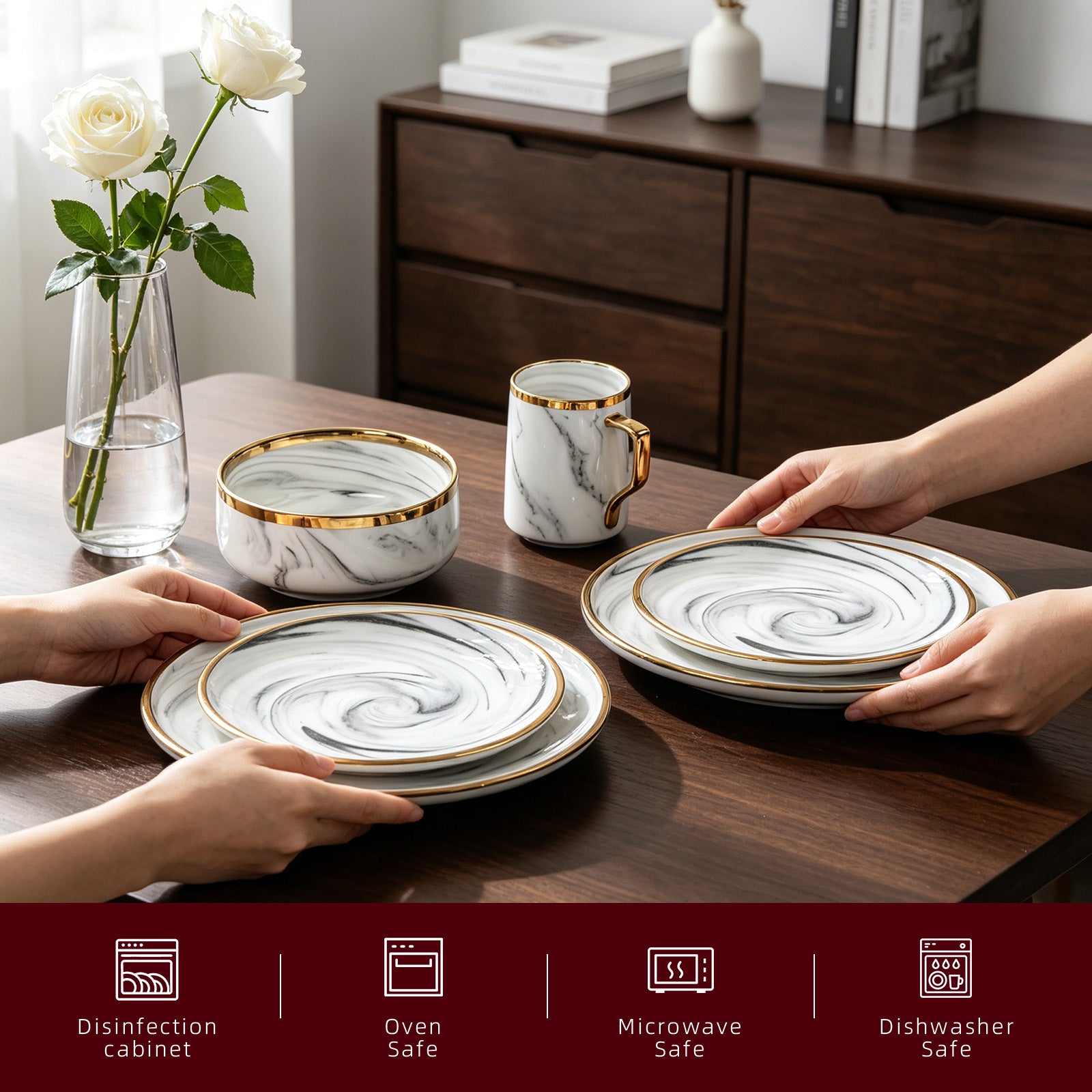 White marble-patterned ceramic dinnerware set with gold trim, including plates, a bowl, and a mug, shown on a dark wood table with hands placing the plates. A vase of white roses and a cabinet are in the background, and a dark red informational strip with safety icons appears along the bottom.