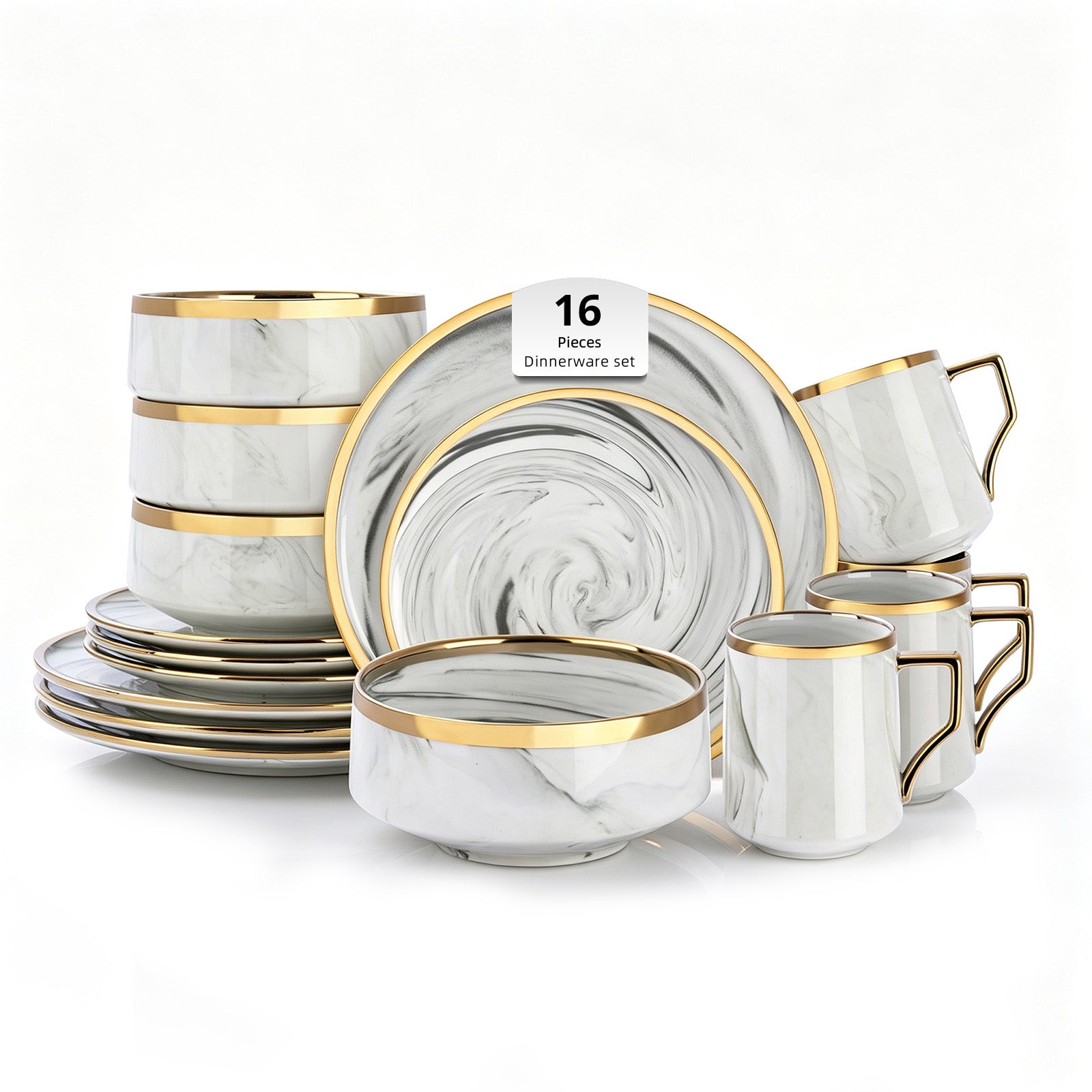 A 16-piece dinnerware set with a white marble pattern and polished gold trim, including plates, bowls, and mugs, arranged on a white background.