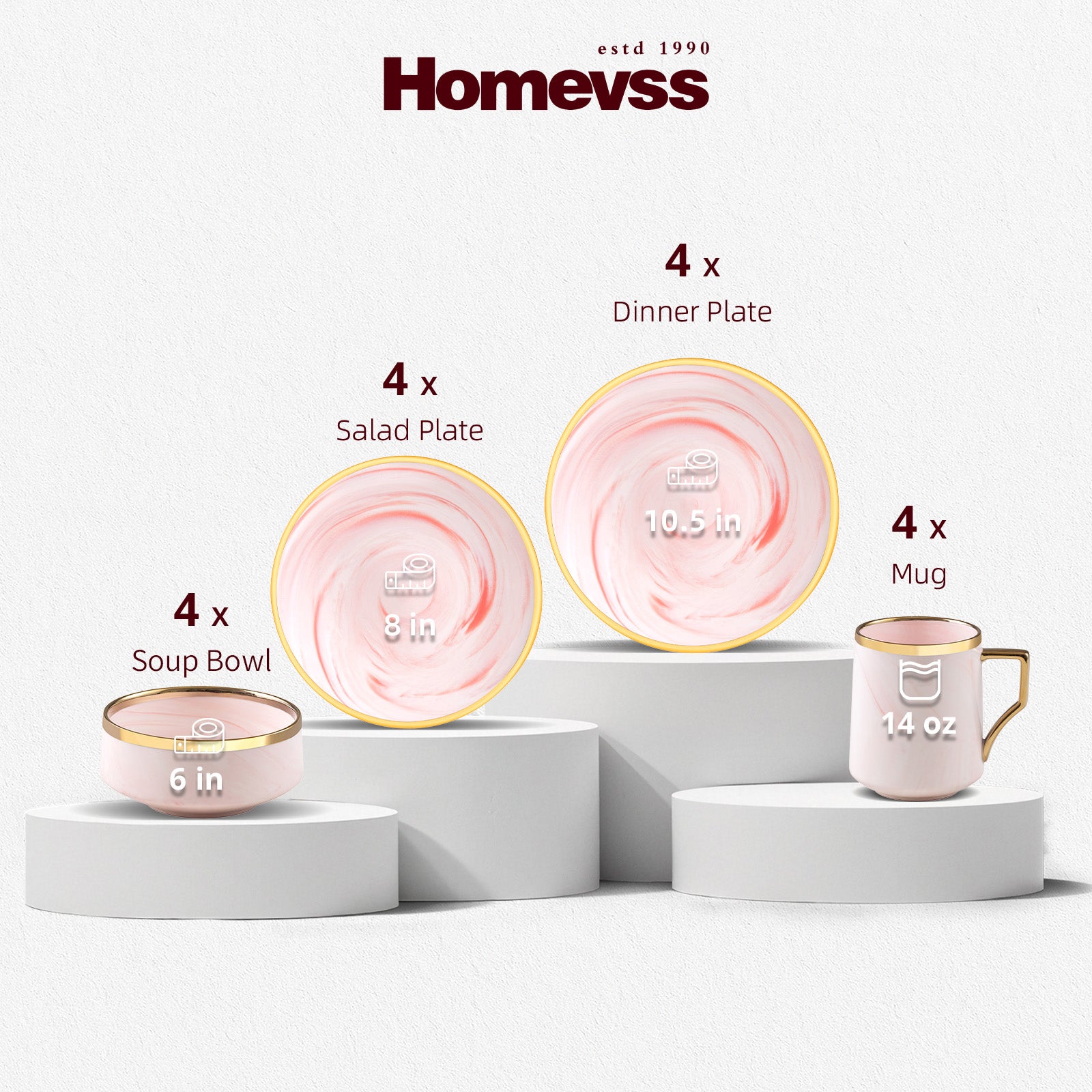 Stacked HomeVSS pink marble dinnerware pieces highlighting the gold rim detailing