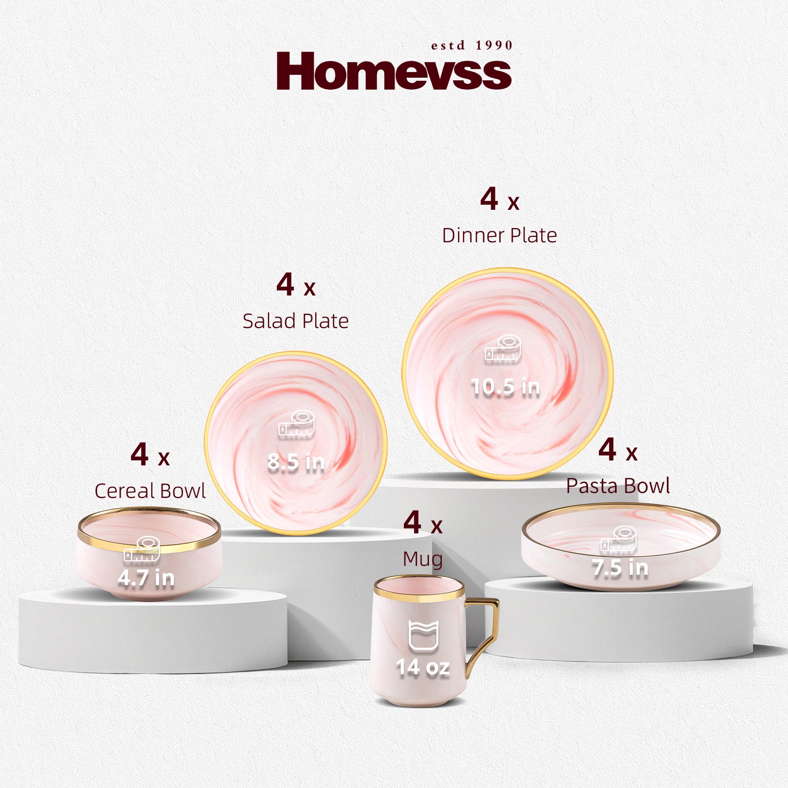 Stacked HomeVSS pink marble dinnerware pieces highlighting the gold rim detailing