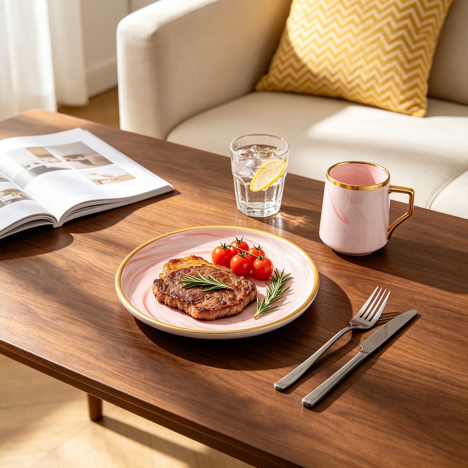 HomeVSS pink marble dinner plate styled with dessert on a wooden coffee table