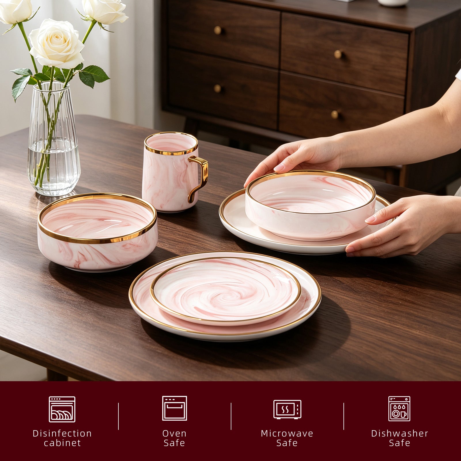 Close-up of hand holding a HomeVSS pink ceramic bowl, showing the marble finish