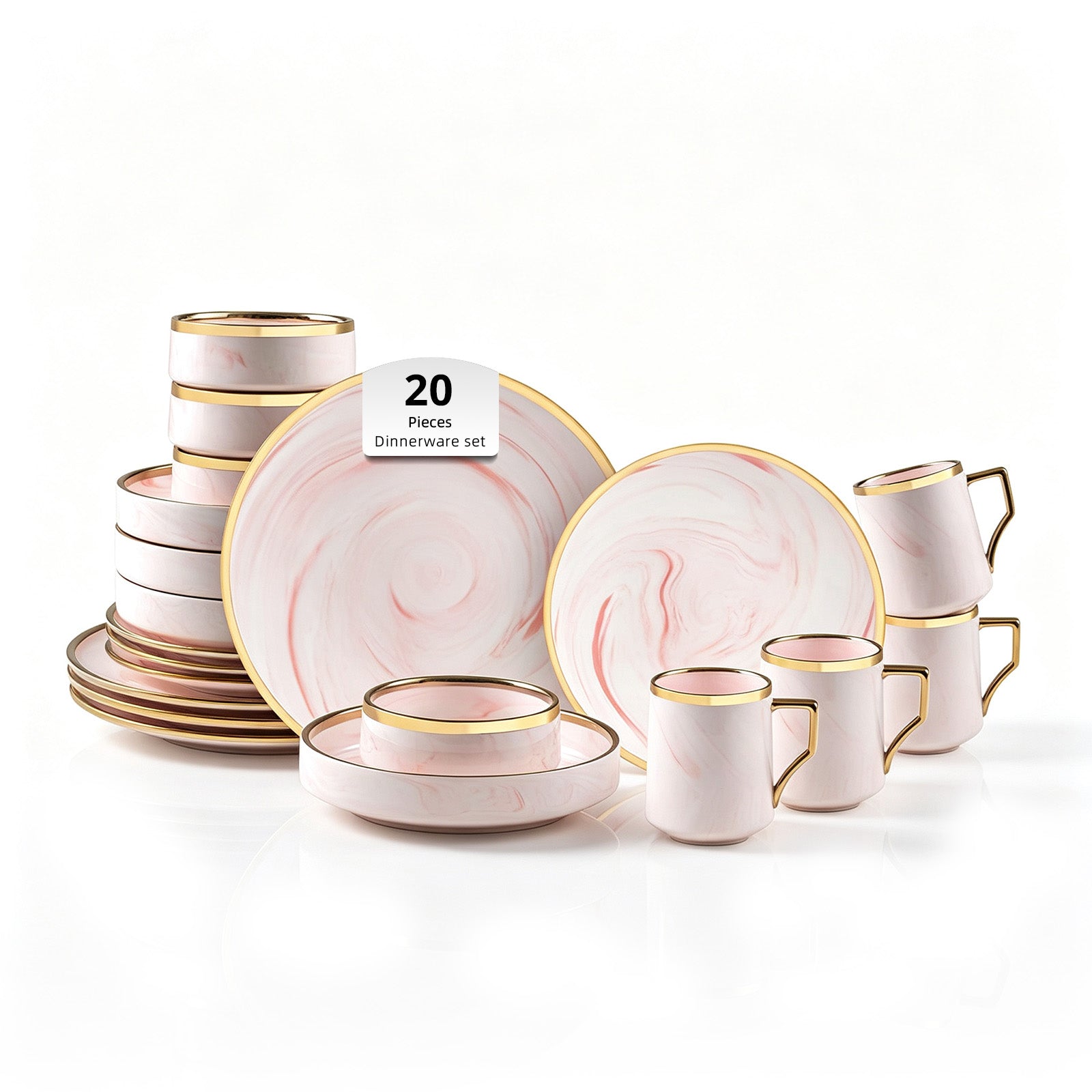 HomeVSS 20-piece pink dinnerware set, ceramic dishes with gold rim and marble pattern
