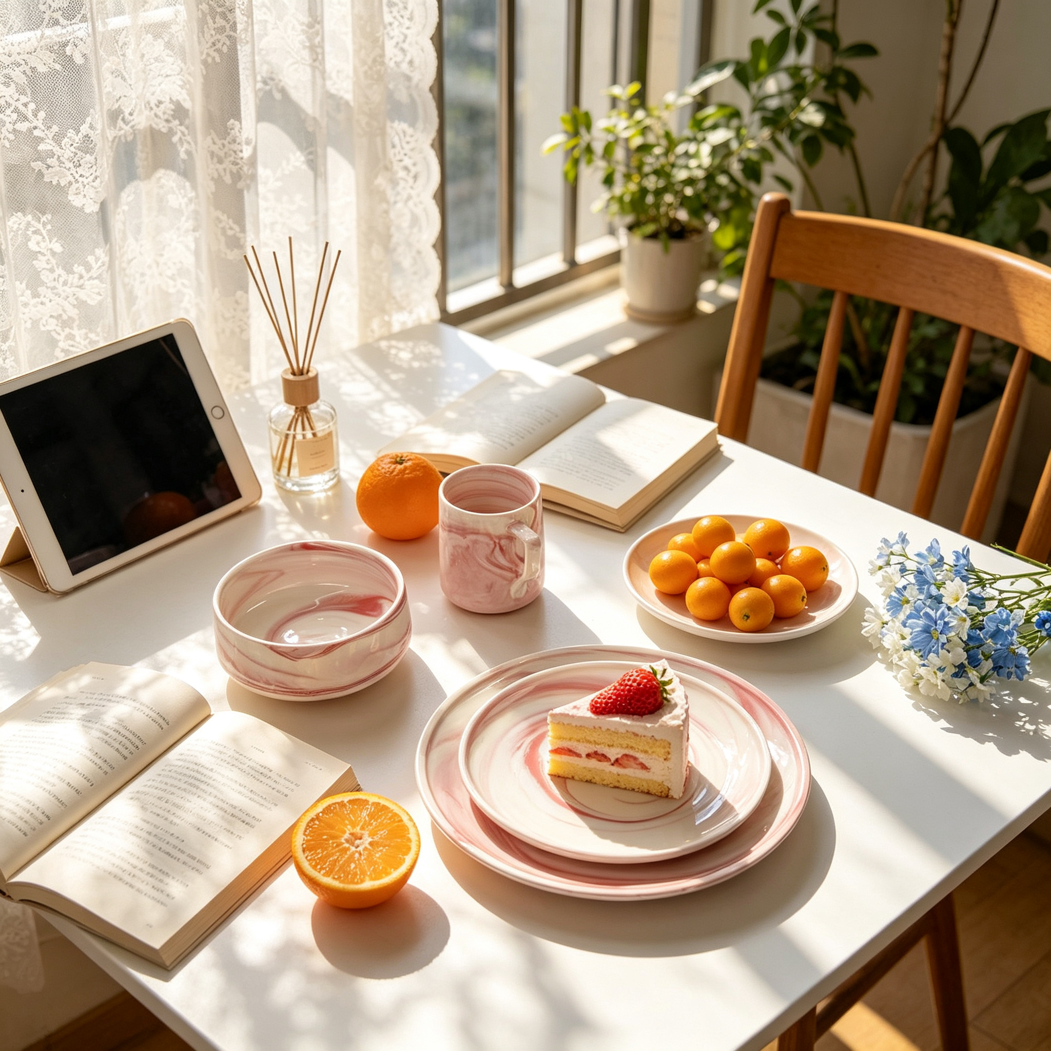 A styled breakfast table scene in a sunlit room with a tablet, books, a pink-and-white mug, plates, an orange, a slice of cake with a strawberry, and a bowl of small orange fruits. A wooden chair is visible, along with lace curtains, plants, and blue flowers on the table.