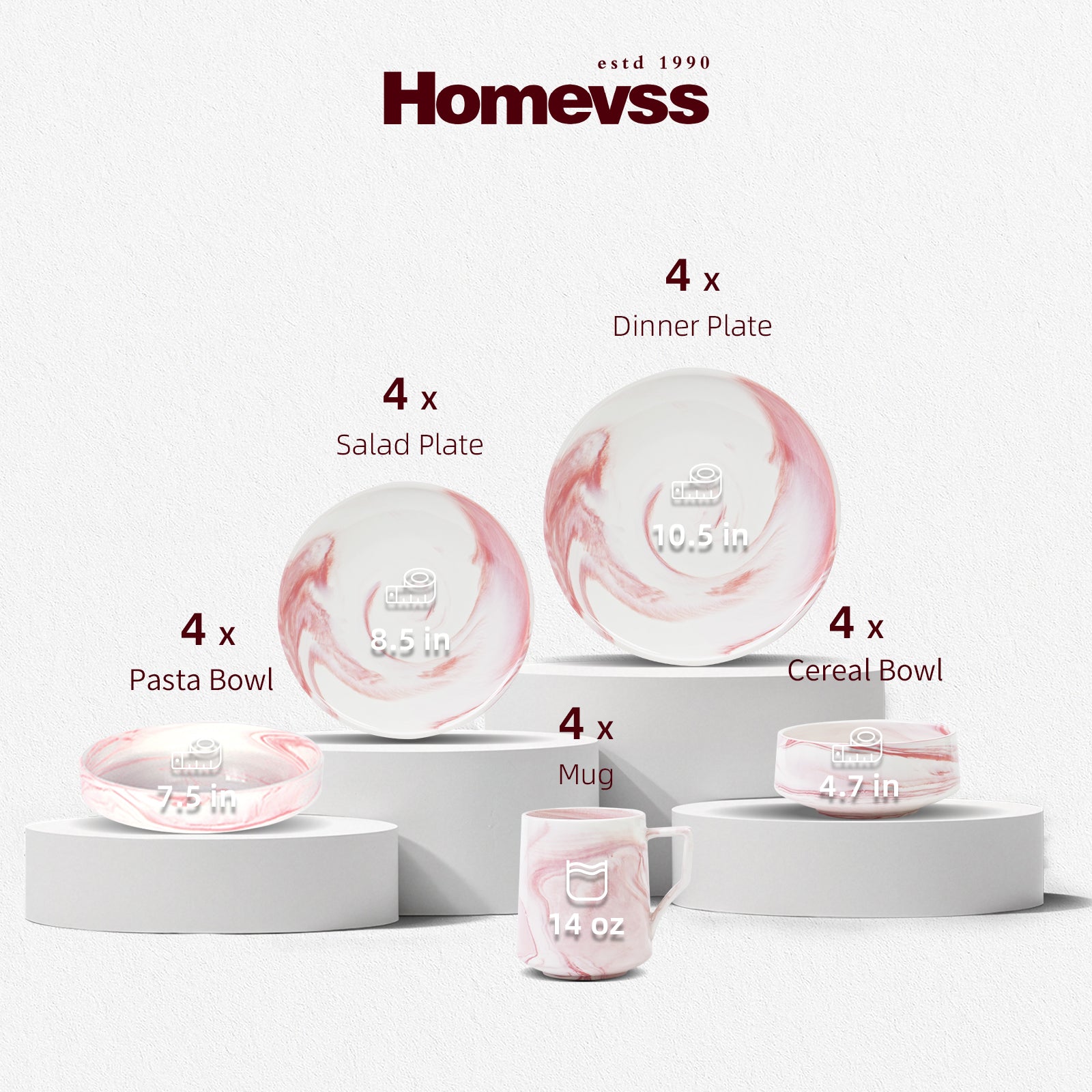 Homevss dinnerware set displayed on white pedestals against a light gray background, including four 10.5-inch plates (dinner, salad, pasta, cereal), a 7.