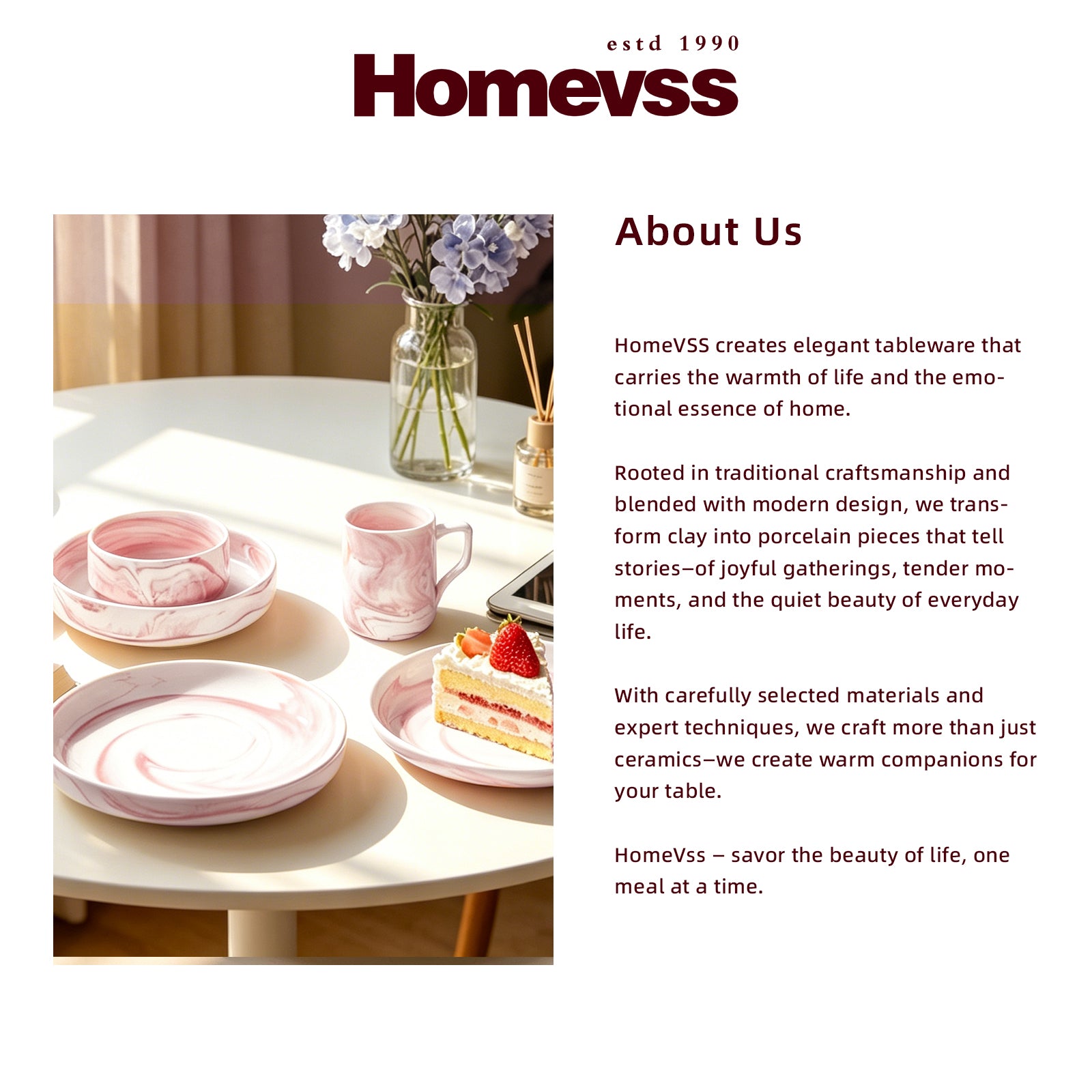 A promotional graphic for Homevss tableware, featuring a set of pink and white marbled ceramic dishes on a round white table. The set includes bowls, plates, a cup, and a small cake on a plate.