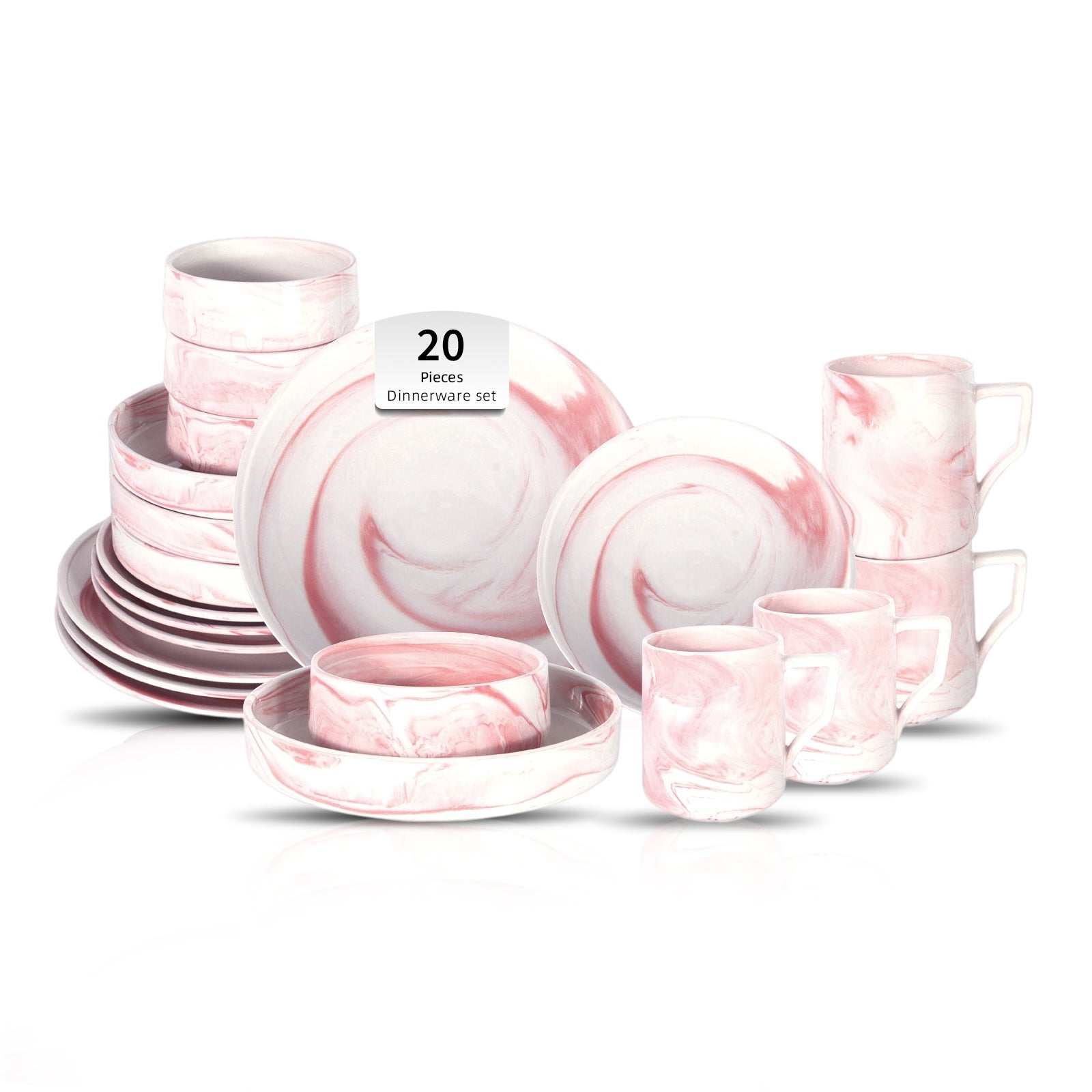 A 20-piece pink and white marble-patterned dinnerware set, including plates, bowls, mugs, and cups, arranged on a clean white background with a small '20 Piece Dinnerware set' label.