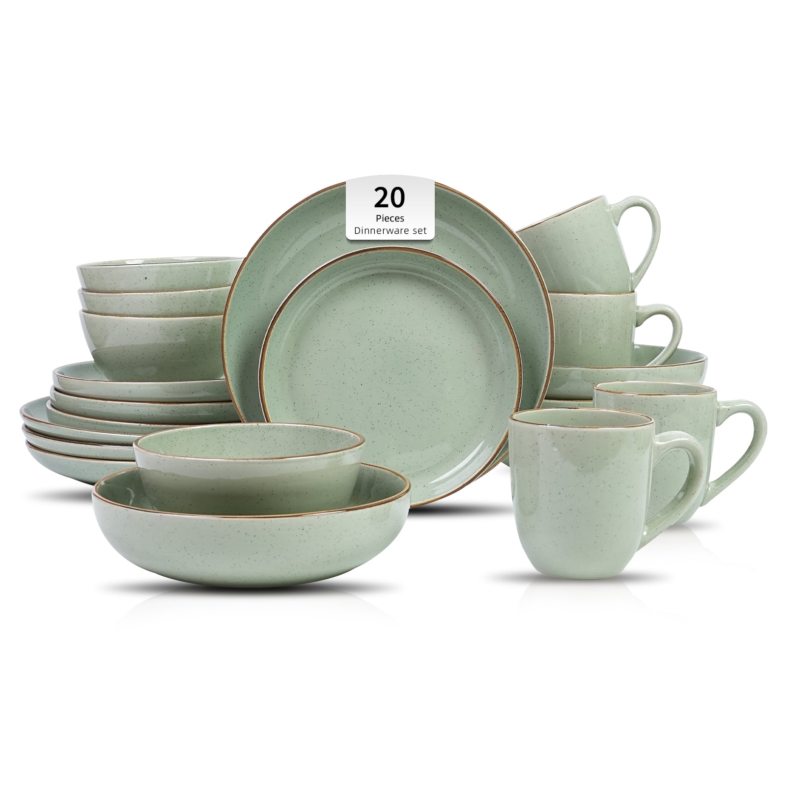 Set of green ceramic dinnerware including plates, bowls, and mugs on a white background.