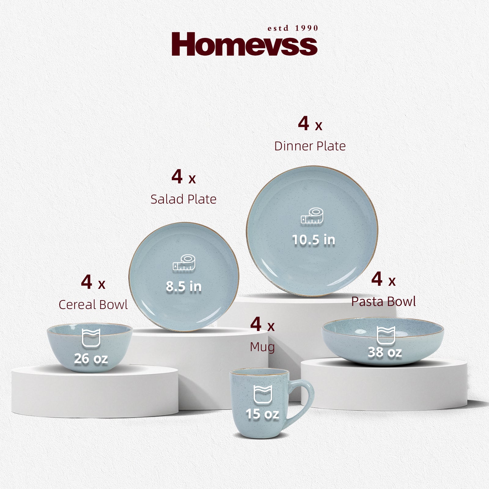 Set of ceramic plates, bowls, and mugs with Homevss branding on a white background