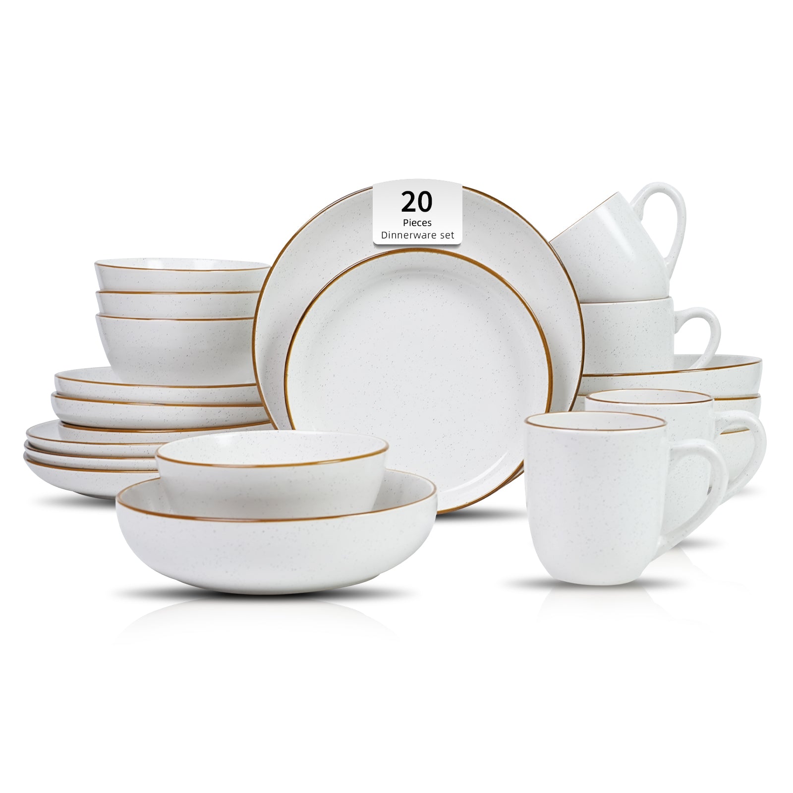 20-piece dinnerware set with brown rims on a white background