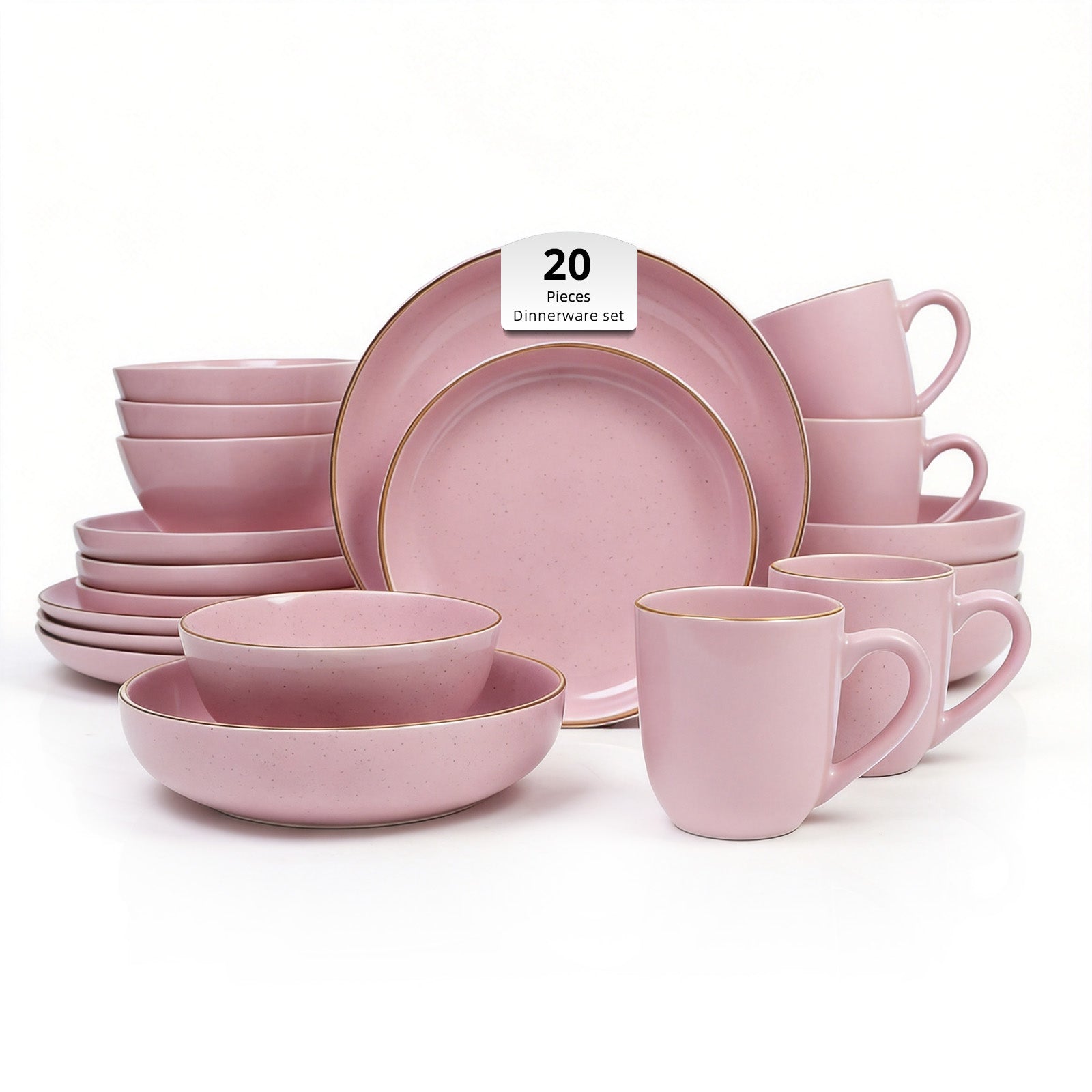 Pink dinnerware set with brown trim on a white background