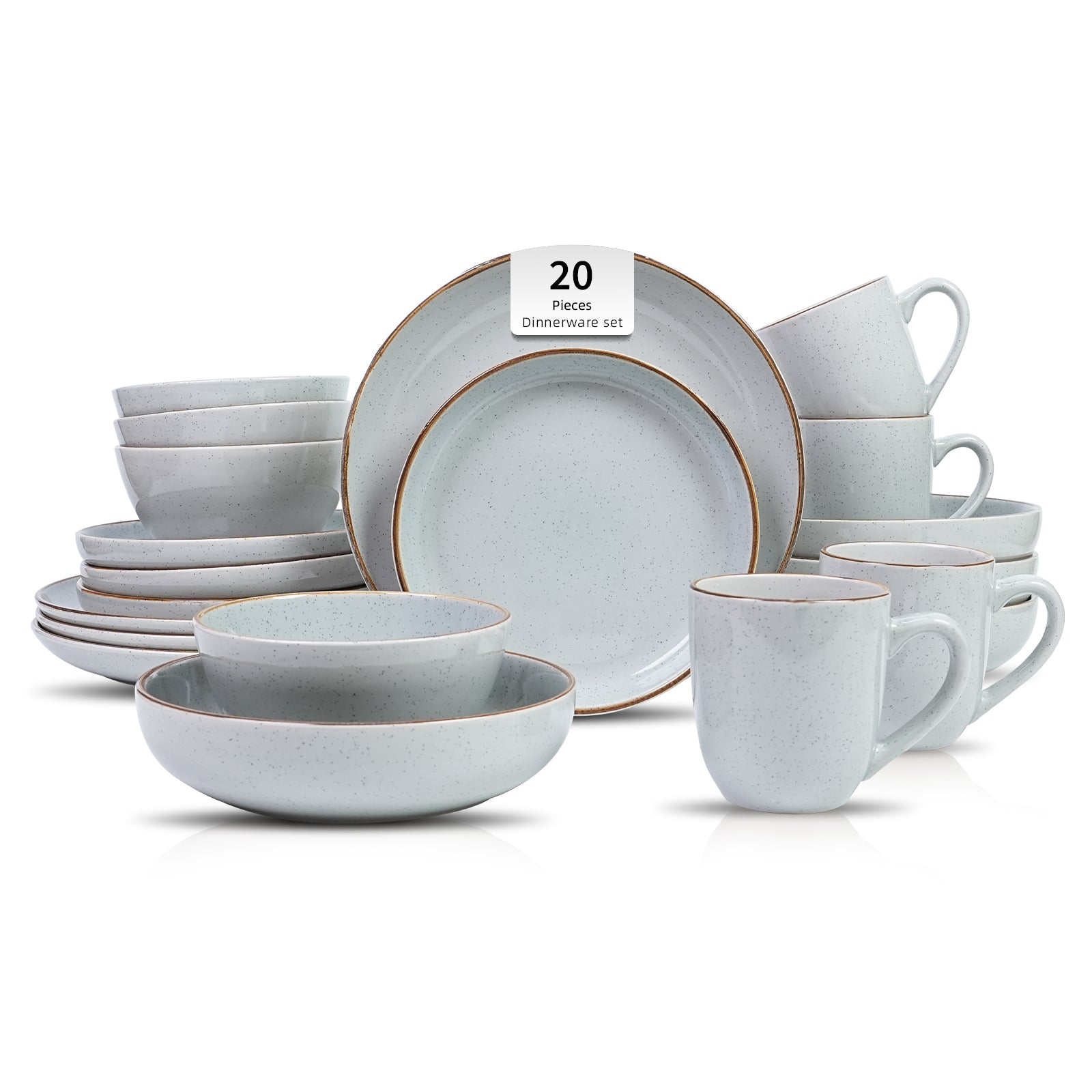 20-piece dinnerware set with gray ceramic plates, bowls, and mugs on a white background.