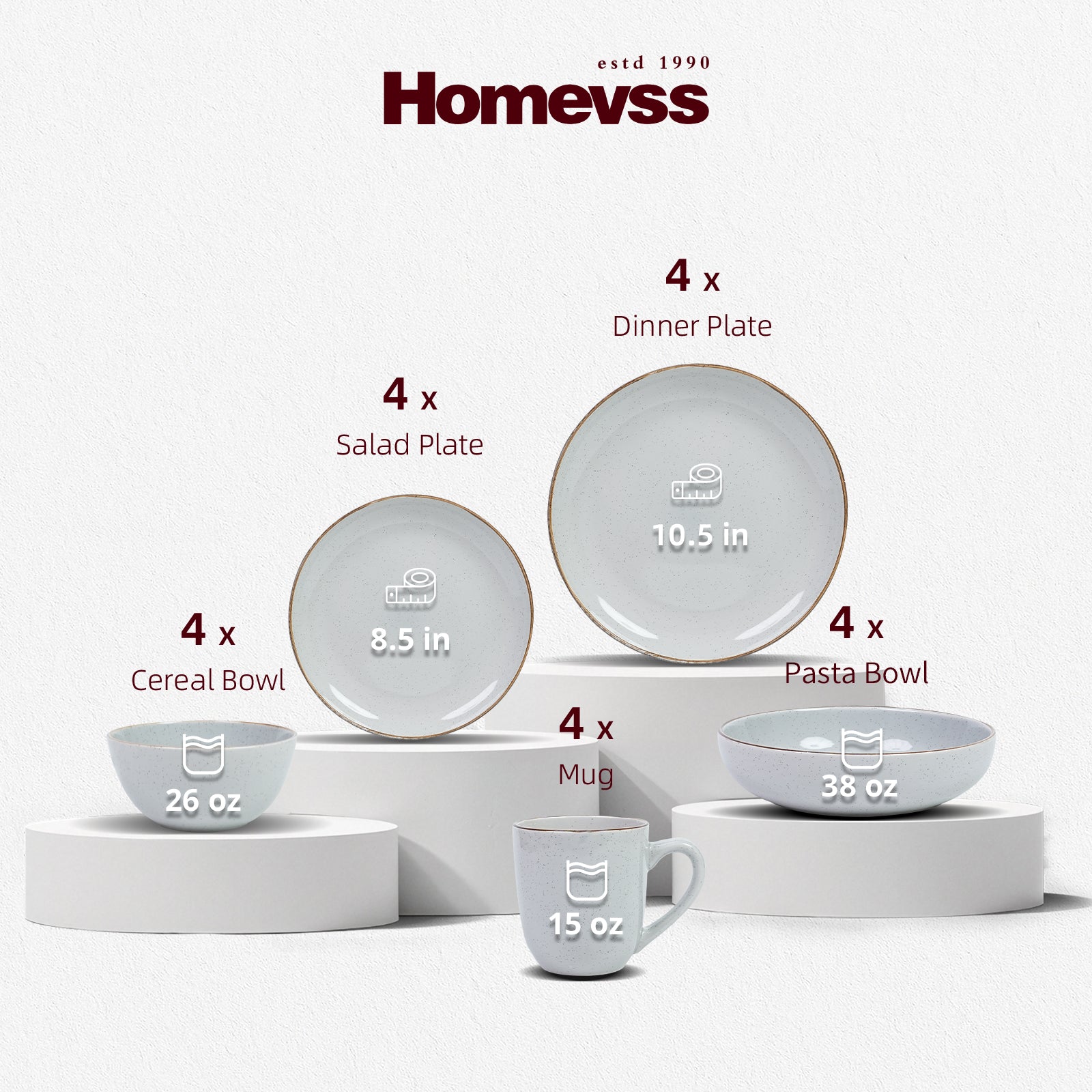 Set of ceramic dinnerware with measurements and Homevss branding on a white background