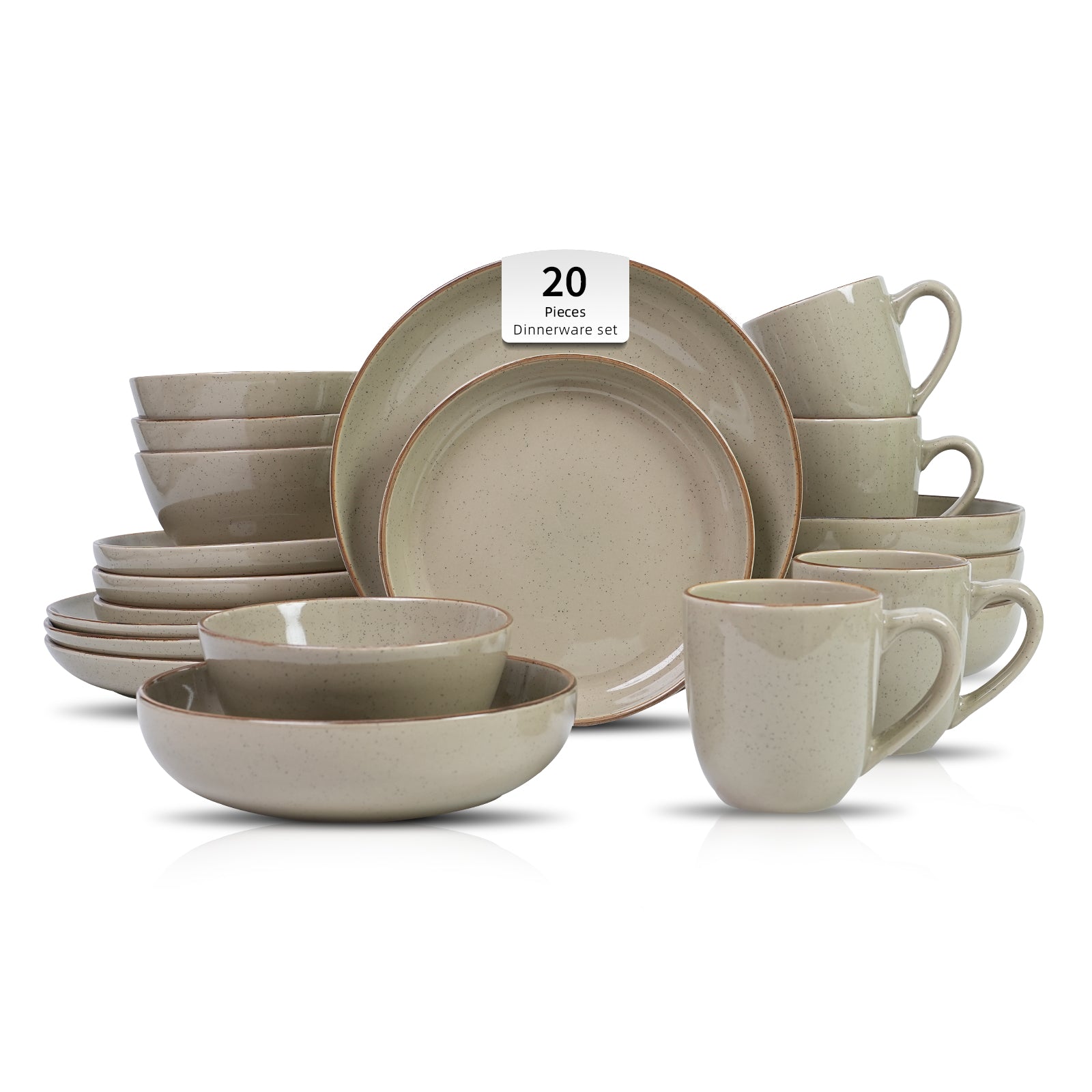 Set of 20-piece dinnerware set with beige ceramic plates, bowls, and mugs on a white background.