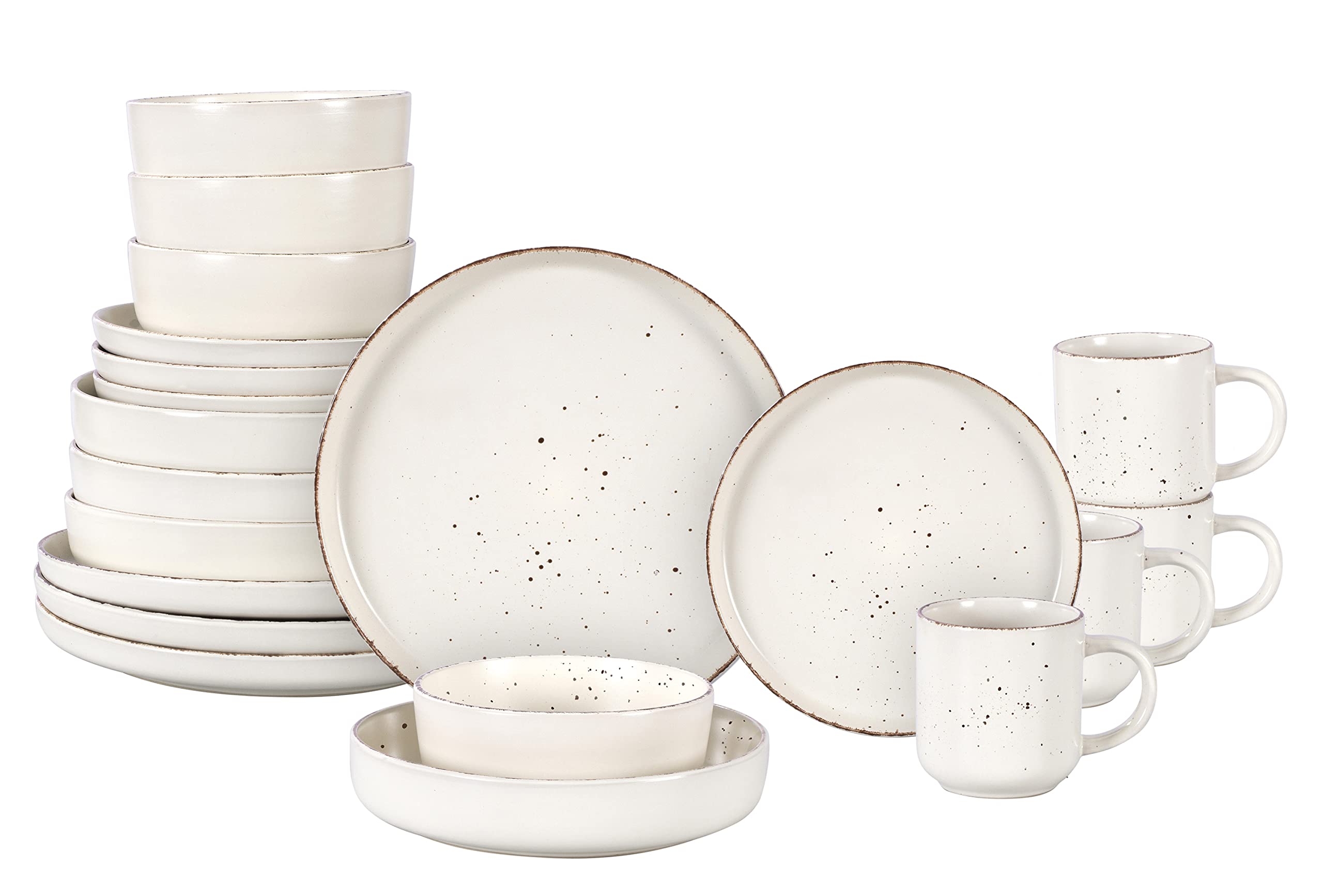 Set of ceramic dinnerware including plates, bowls, and mugs on a white background