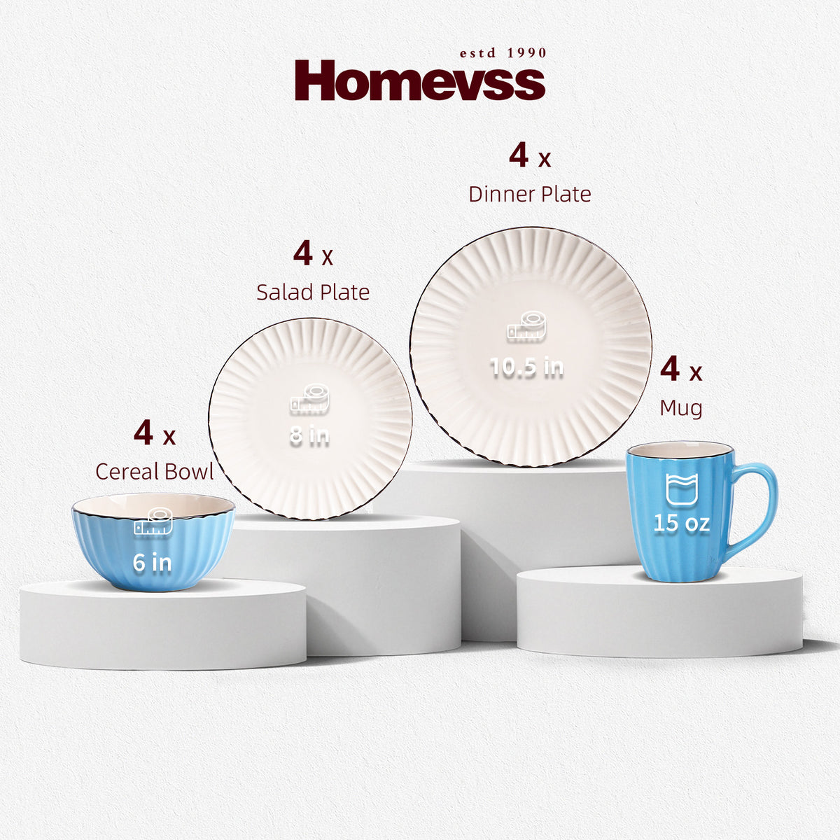 Homevss dinnerware set displayed on white pedestals with text labels indicating quantities: 4 x Dinner Plate (10.5 in), 4 x Salad Plate (8 in), 4 x Cereal Bowl (6 in), and 4 x Mug (15 oz).