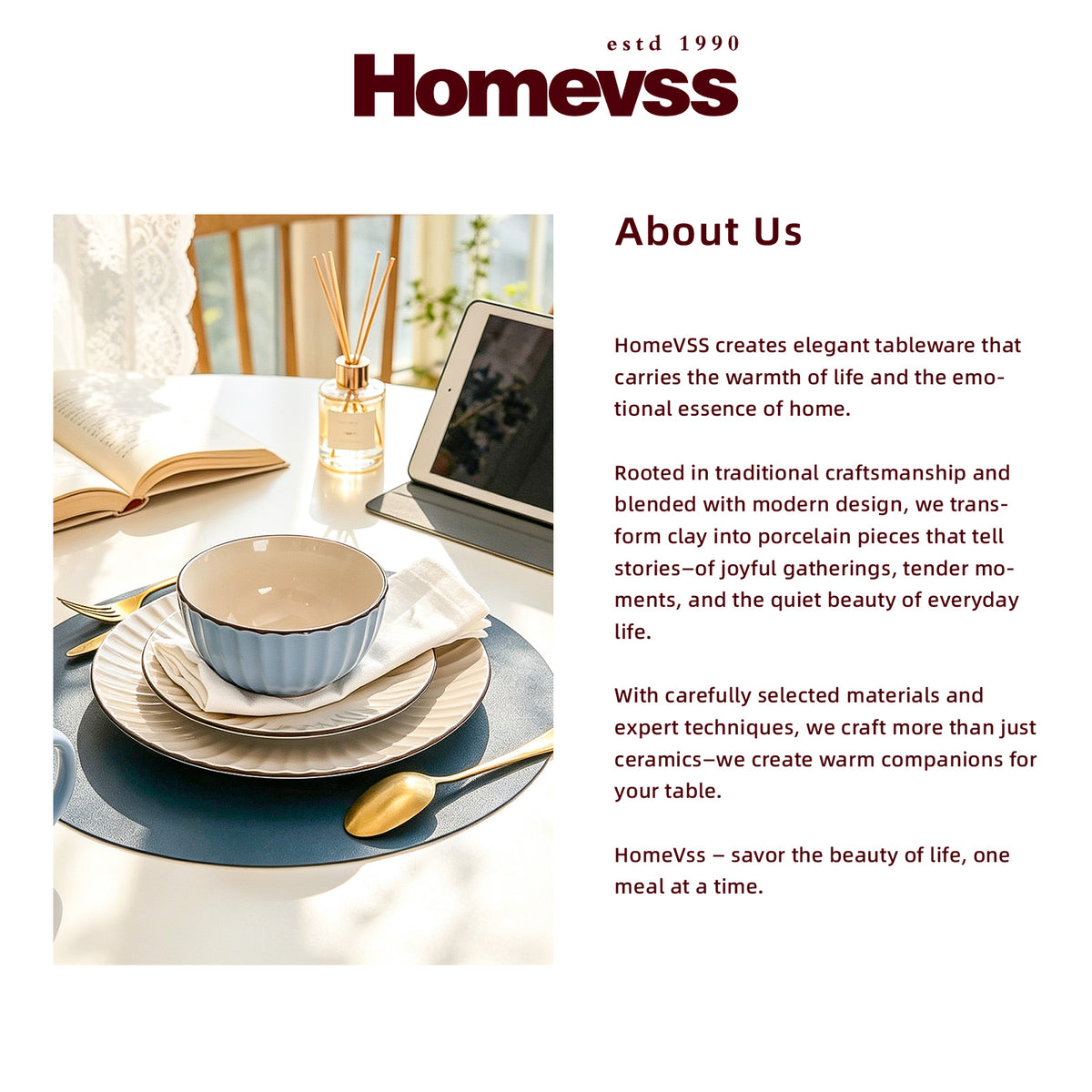 A promotional brand page for Homevss, featuring a lifestyle photograph of a beautifully set table with ceramic dishes, a blue bowl, a reed diffuser, and an open book on the left, alongside 'About Us' text on the right.