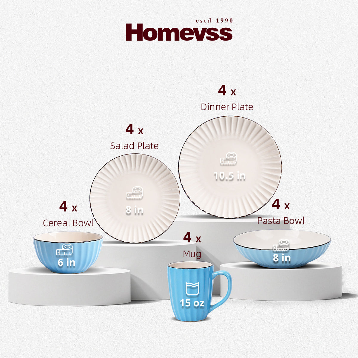 Homevss ceramic tableware set displayed on white pedestals against a light gray background, including dinner plates, salad plates, cereal bowls, pasta bowls, a mug, and text labels indicating quantities and sizes.