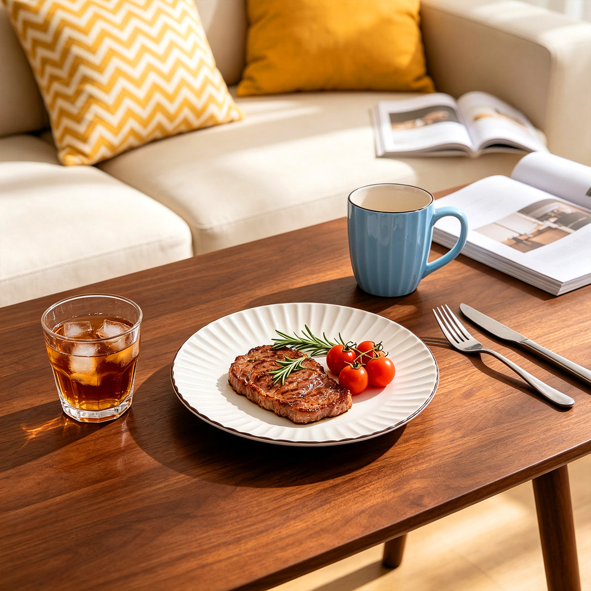 A styled dining table scene in a living room setting, featuring a white plate with a steak and cherry tomatoes, a blue mug, a glass of iced tea, and cutlery on a wooden coffee table, with a sofa and pillows in the background.