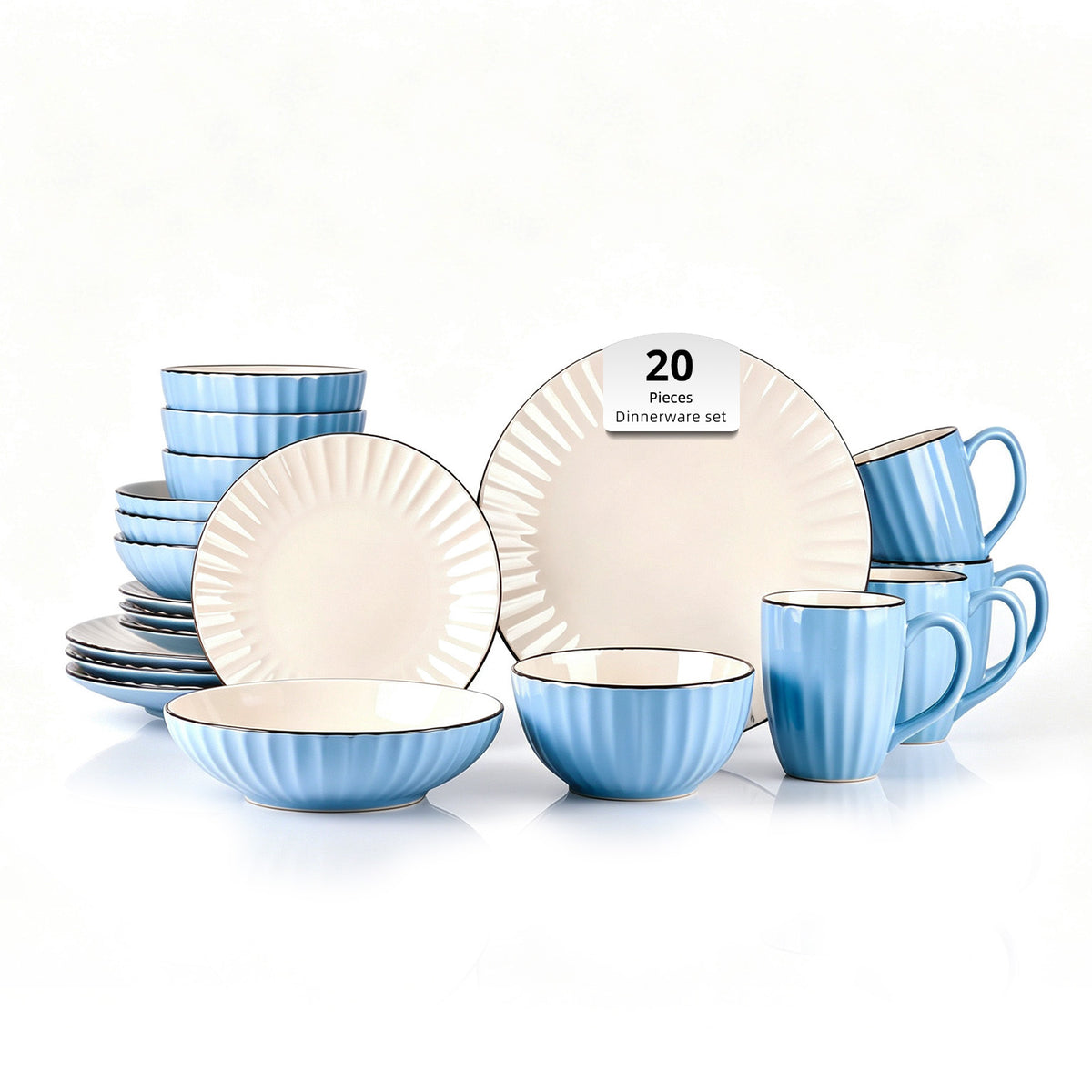 A 20-piece light blue and white dinnerware set arranged on a white background, including plates, bowls, and mugs with a thin dark rim detail.