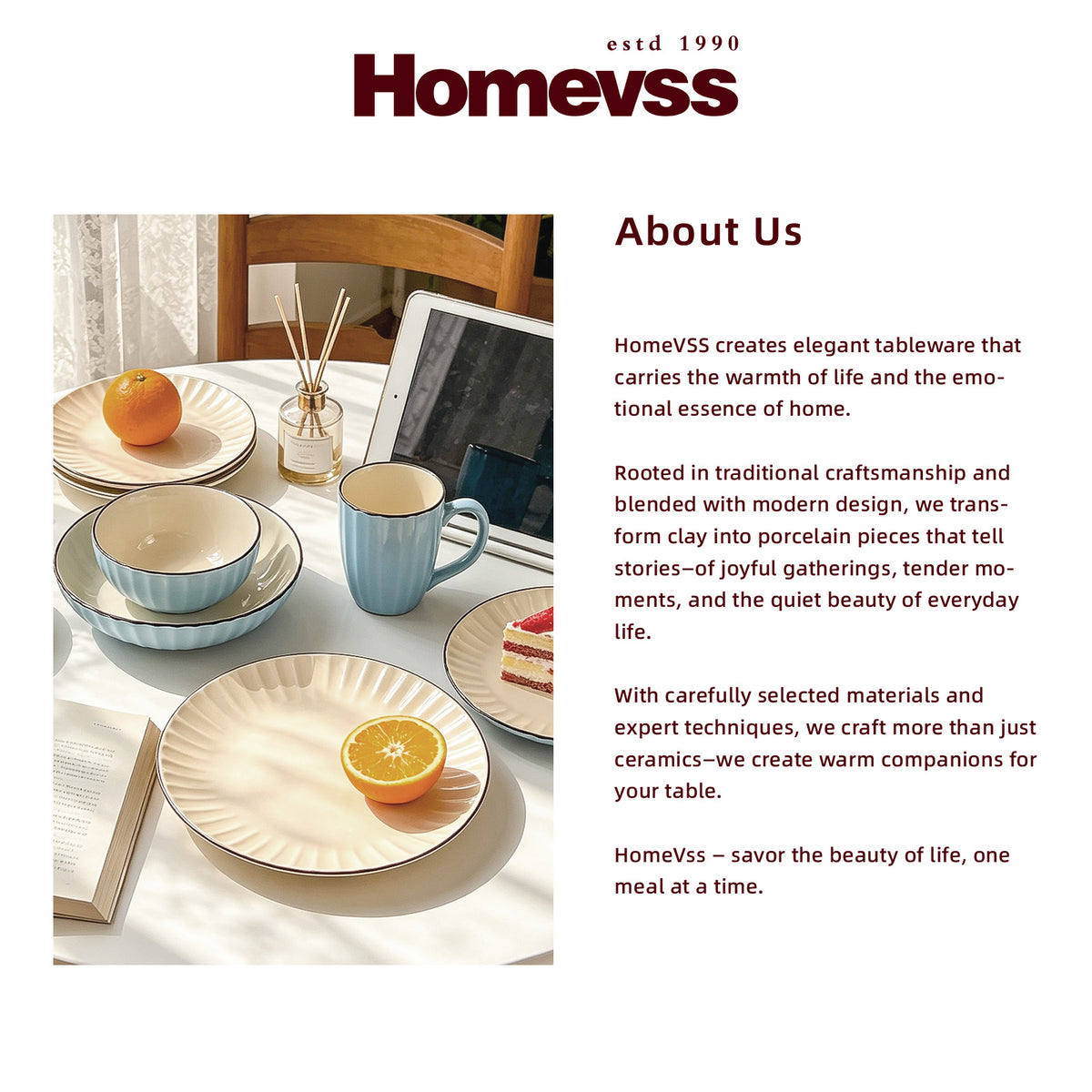 A promotional graphic for Homevss tableware, featuring a styled tabletop arrangement of ceramic dishes, a blue mug, and a tablet on a sunlit table, alongside a large text section titled 'About Us' with brand copy.