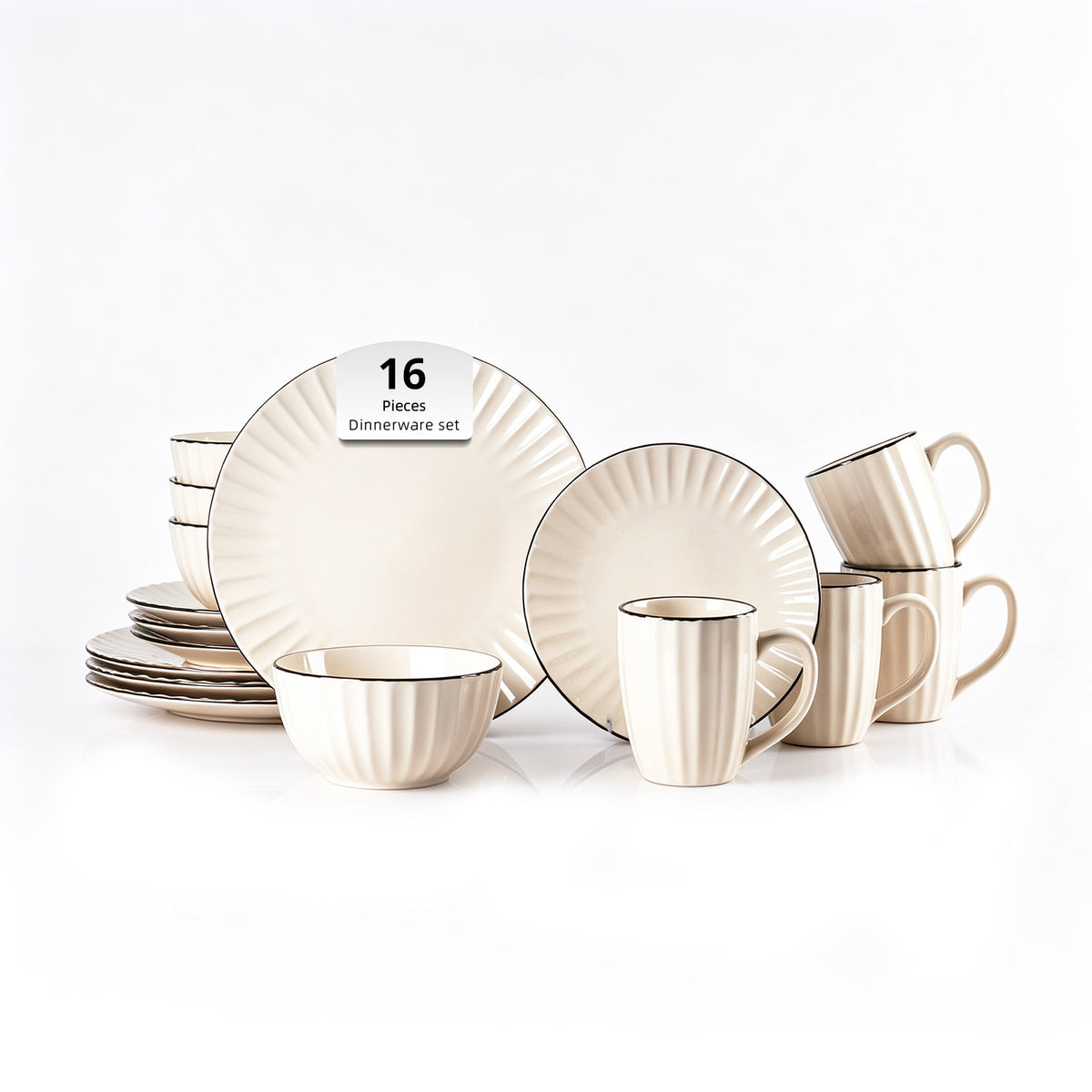 A 16-piece cream-colored ribbed dinnerware set with thin black rim accents, including plates, bowls, and mugs, arranged on a clean white background.