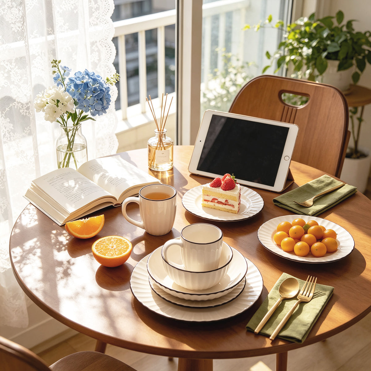 A beautifully styled round wooden dining table set for four in a bright sunlit room. The table features a matching white ceramic dinnerware set with delicate gold trim, a white mug, gold cutlery on green napkins, a small dessert plate with strawberries, a slice of cake, and a plate of golden oranges.