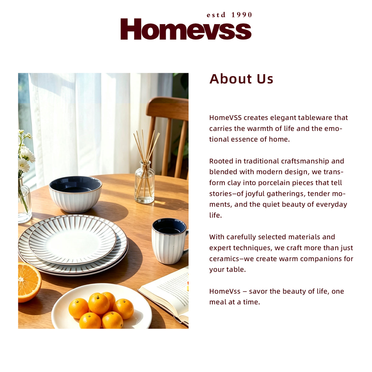 A promotional brand page for Homevss, featuring a photograph of a styled ceramic tableware set on a wooden table with bowls, plates, and cups, alongside the 'Homevss' logo and an 'About Us' text section on a white background.