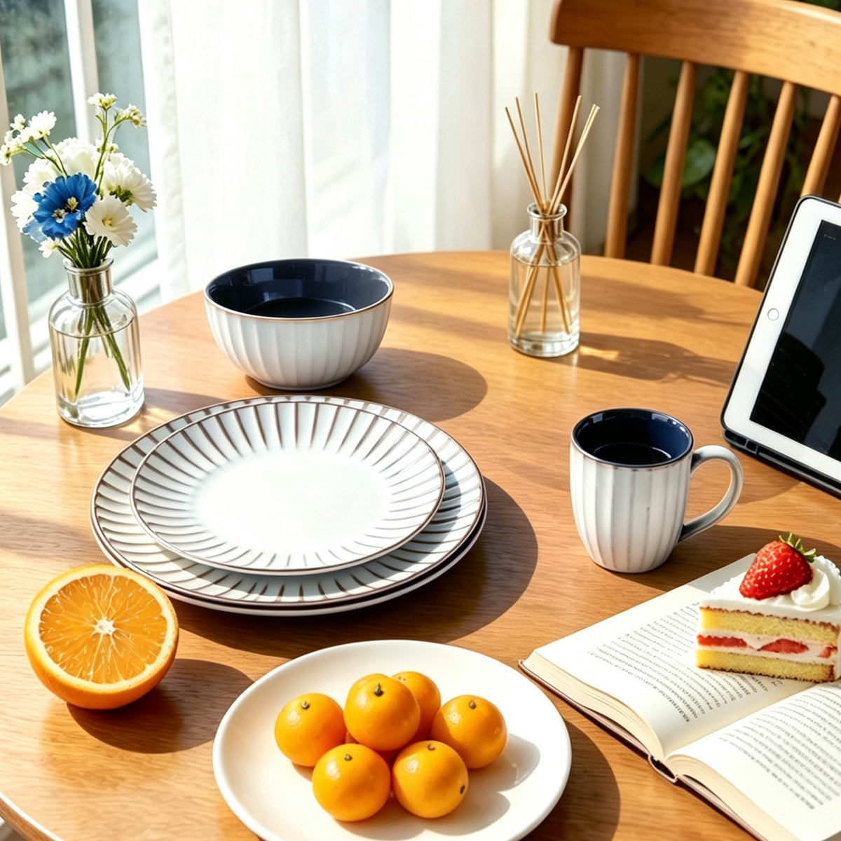 A styled dining table setting with white ceramic plates featuring black radial stripes, a matching striped mug, a striped bowl, and a striped cup, arranged with an orange slice, small oranges, flowers, a diffuser, a tablet, and an open book with a strawberry cake slice.