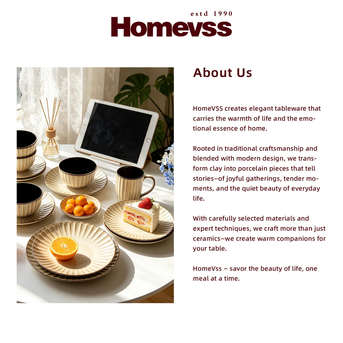 A promotional graphic for Homevss tableware, featuring a lifestyle photo of ceramic tableware on a table alongside a tablet, and a large block of 'About Us' text on a white background.