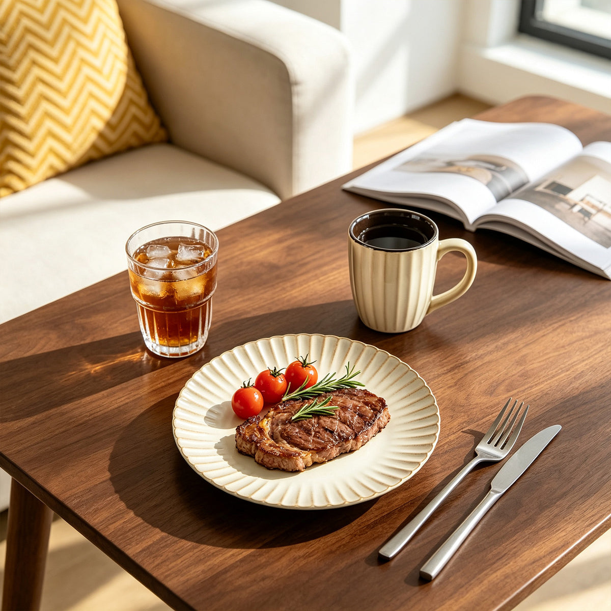 A styled dining table scene with a plated steak garnished with cherry tomatoes and rosemary, a glass of iced iced coffee, a beige mug, a knife, and a fork on a wooden table, with a sofa and open magazine in the background.
