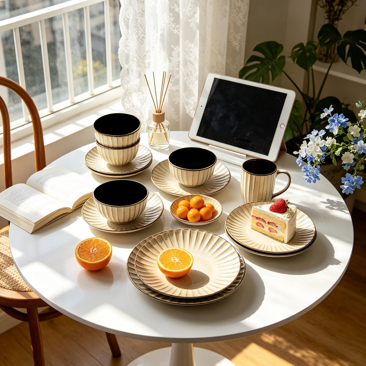 A styled breakfast table scene with a white round table set with striped beige and black ceramic cups, saucers, plates, a small bowl of orange candies, a slice of cake, and orange halves. A tablet, open book, reed diffuser, flowers, and a chair are visible in a bright indoor setting by a window.