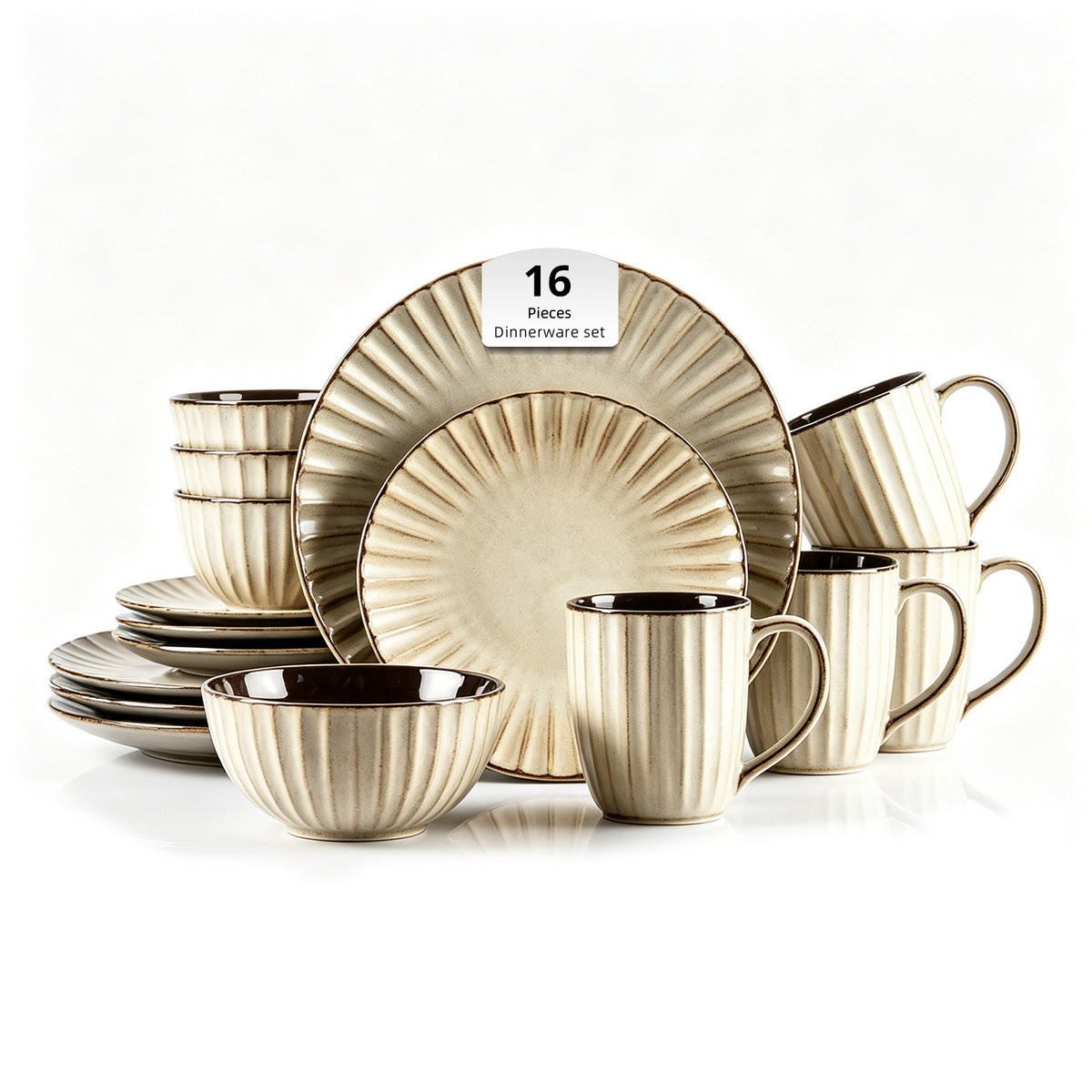 A 16-piece ribbed ceramic dinnerware set in a warm cream-beige color with dark brown interiors, displayed on a clean white background. The set includes plates, bowls, and mugs with a distinctive vertical fluted texture.